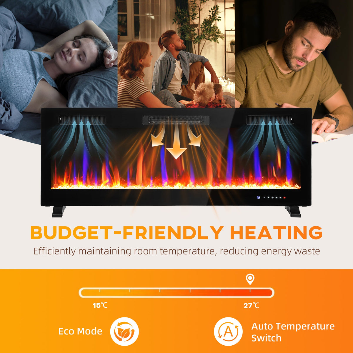 Marley 50" Thin Freestanding/Wall Mounted Electric Fireplace Heater with Eco Mode - Black