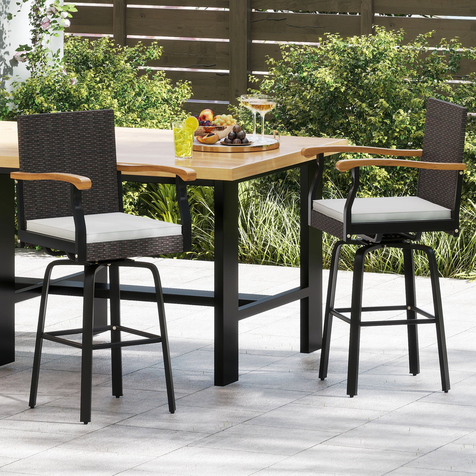 Set of 4 Outdoor 360° Swivel Bar Stool with Cushion and Acacia Wood Armrests