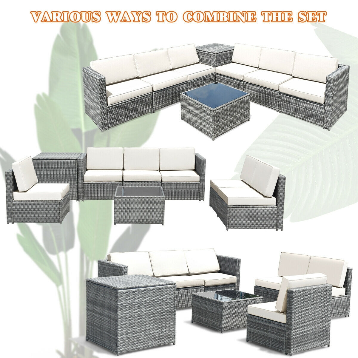 8 Piece Wicker Sofa Rattan Dinning Set Patio Furniture with Storage Table