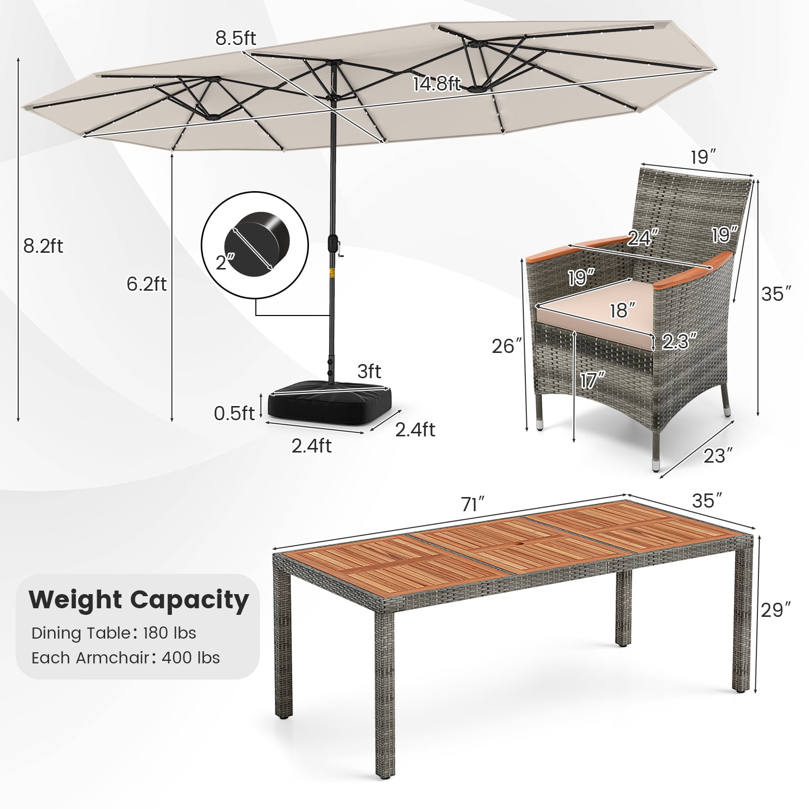 11 Pieces Patio Dining Set with 15 Feet Double-Sided Patio Umbrella Base Included