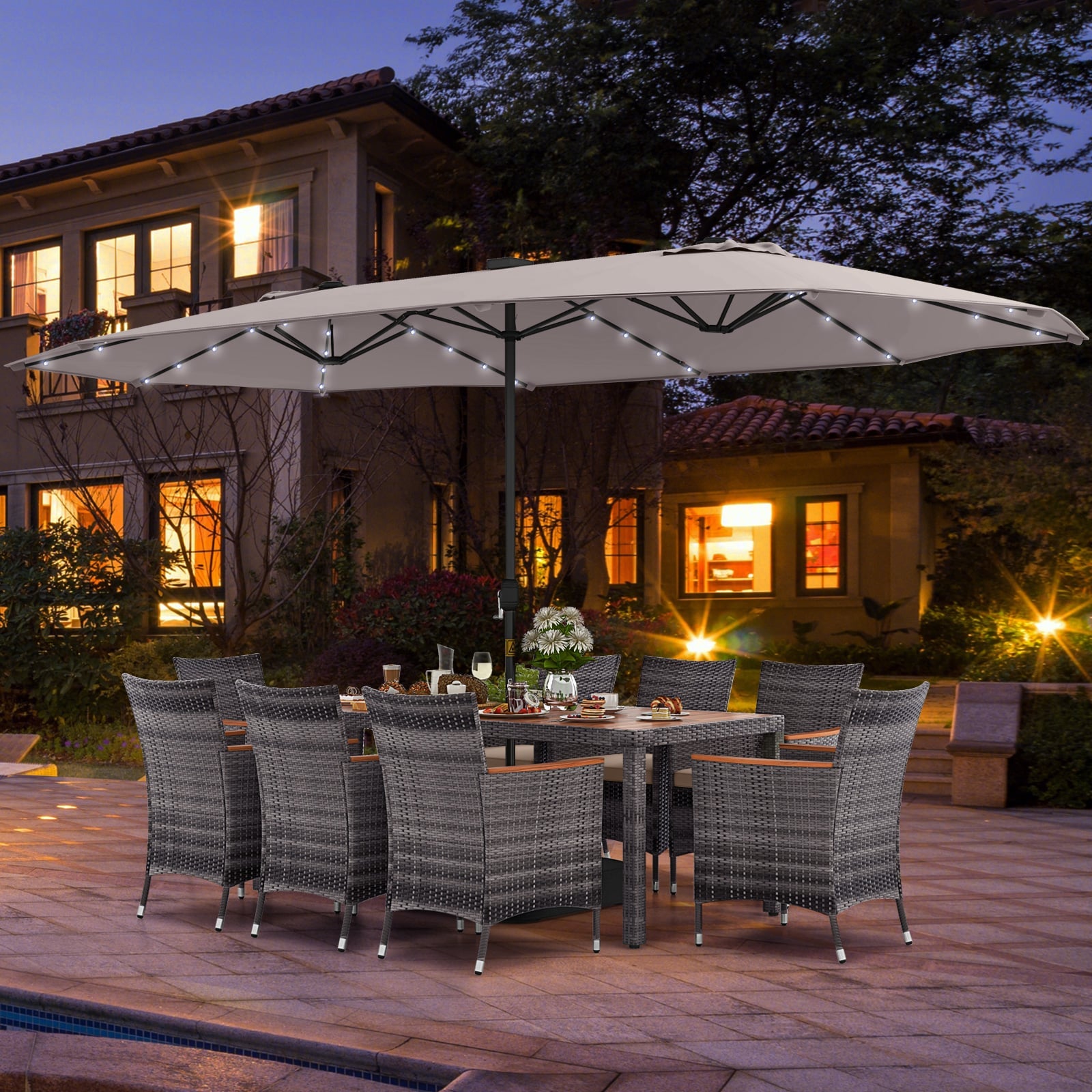 11 Pieces Patio Dining Set with 15 Feet Double-Sided Patio Umbrella Base Included