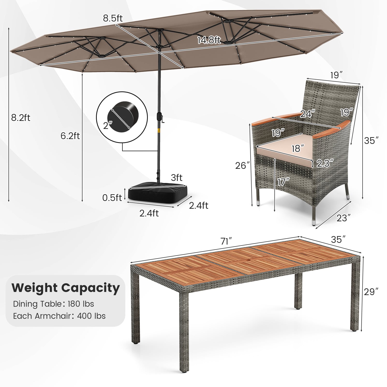 11 Pieces Patio Dining Set with 15 Feet Double-Sided Patio Umbrella Base Included