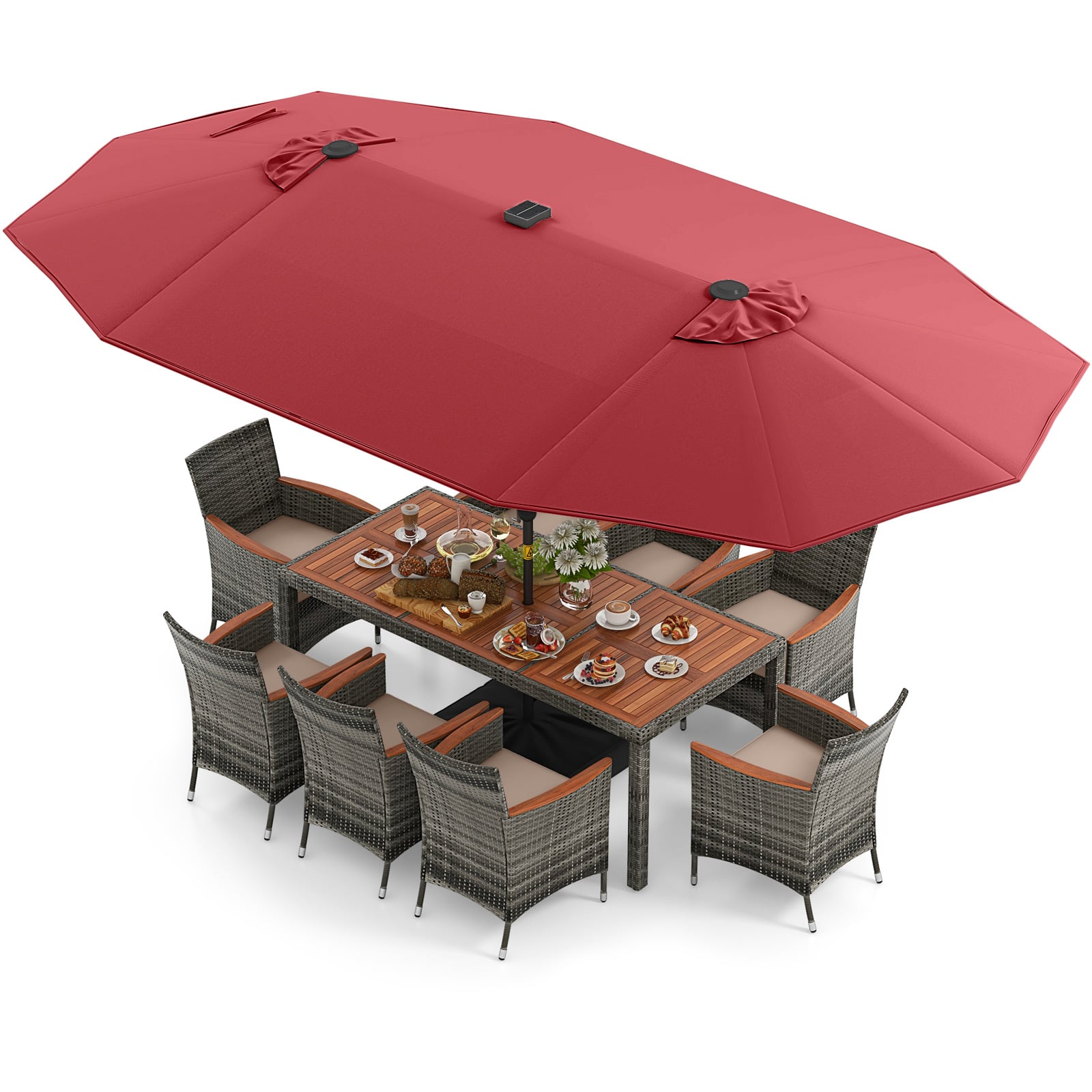 11 Pieces Patio Dining Set with 15 Feet Double-Sided Patio Umbrella Base Included