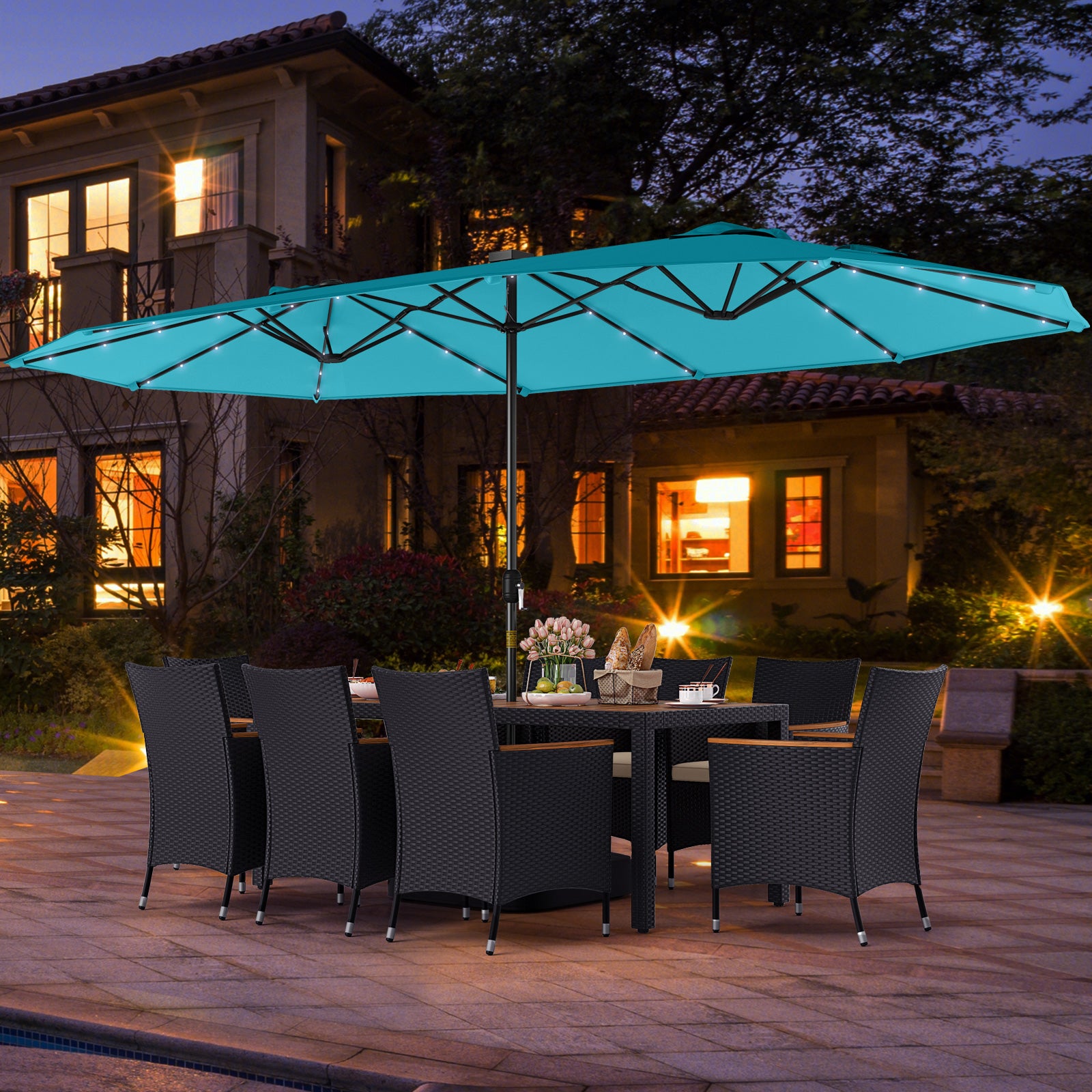 11 Pieces Patio Dining Set with LED Patio Umbrella with Base and Seat Cushions