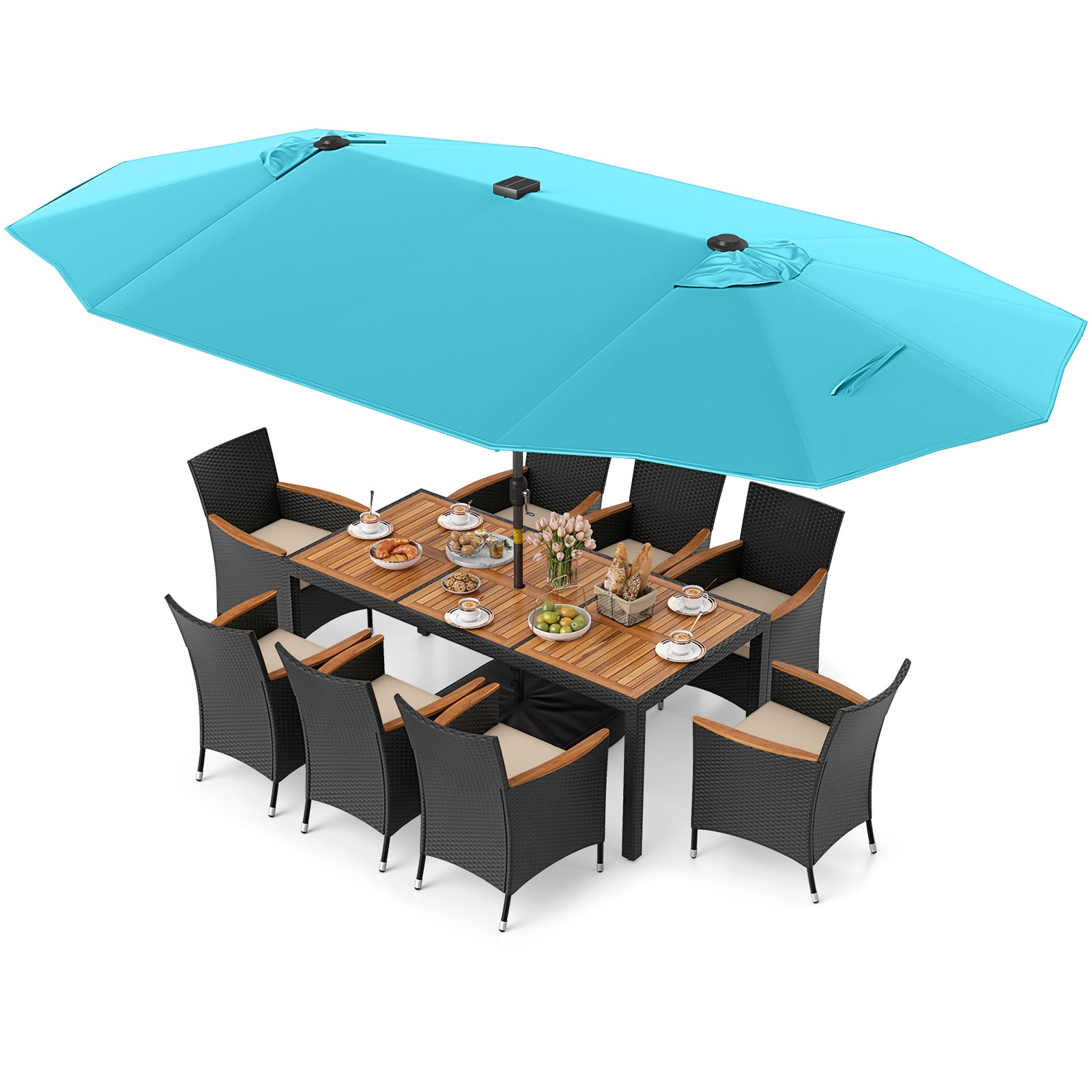 11 Pieces Patio Dining Set with LED Patio Umbrella with Base and Seat Cushions