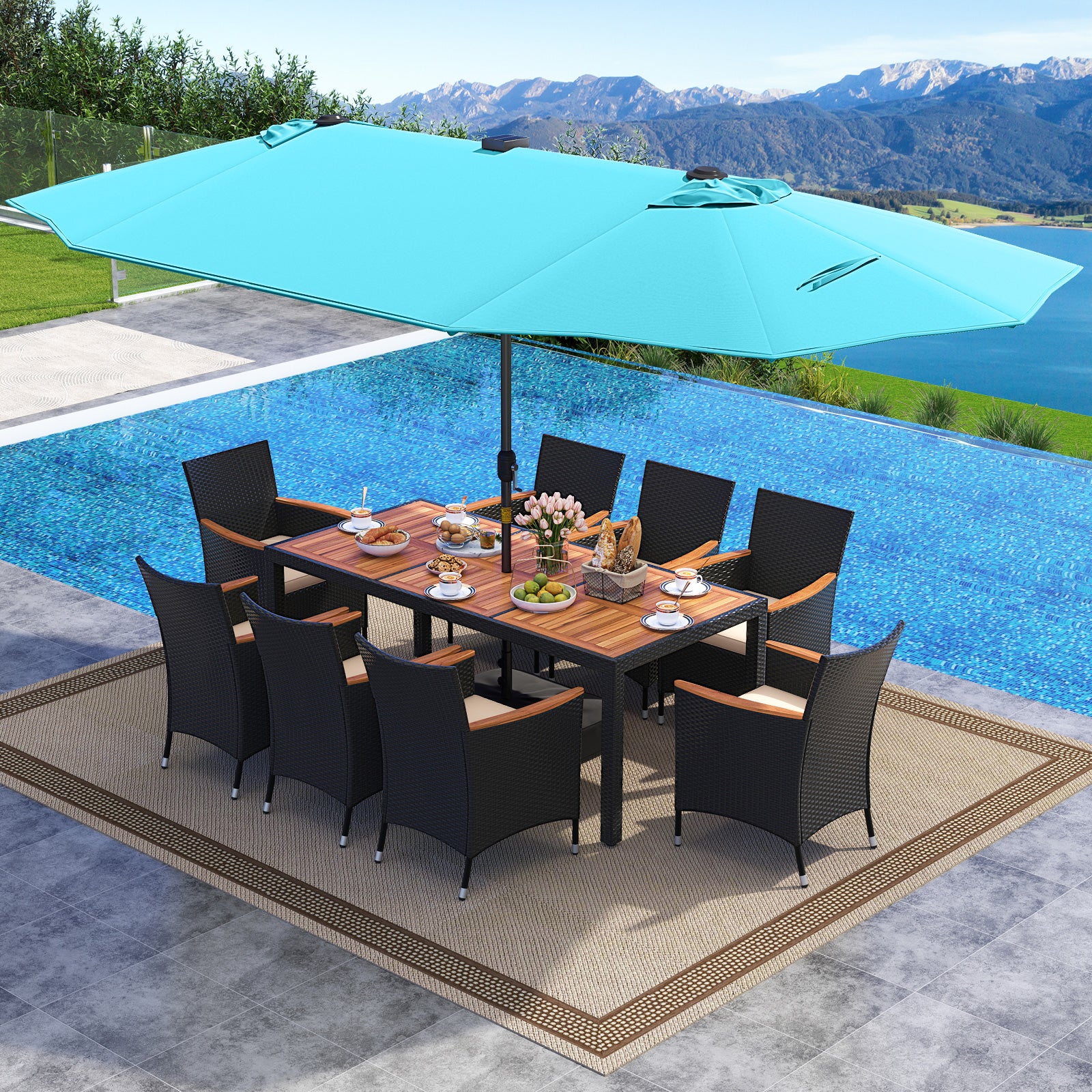 11 Pieces Patio Dining Set with LED Patio Umbrella with Base and Seat Cushions