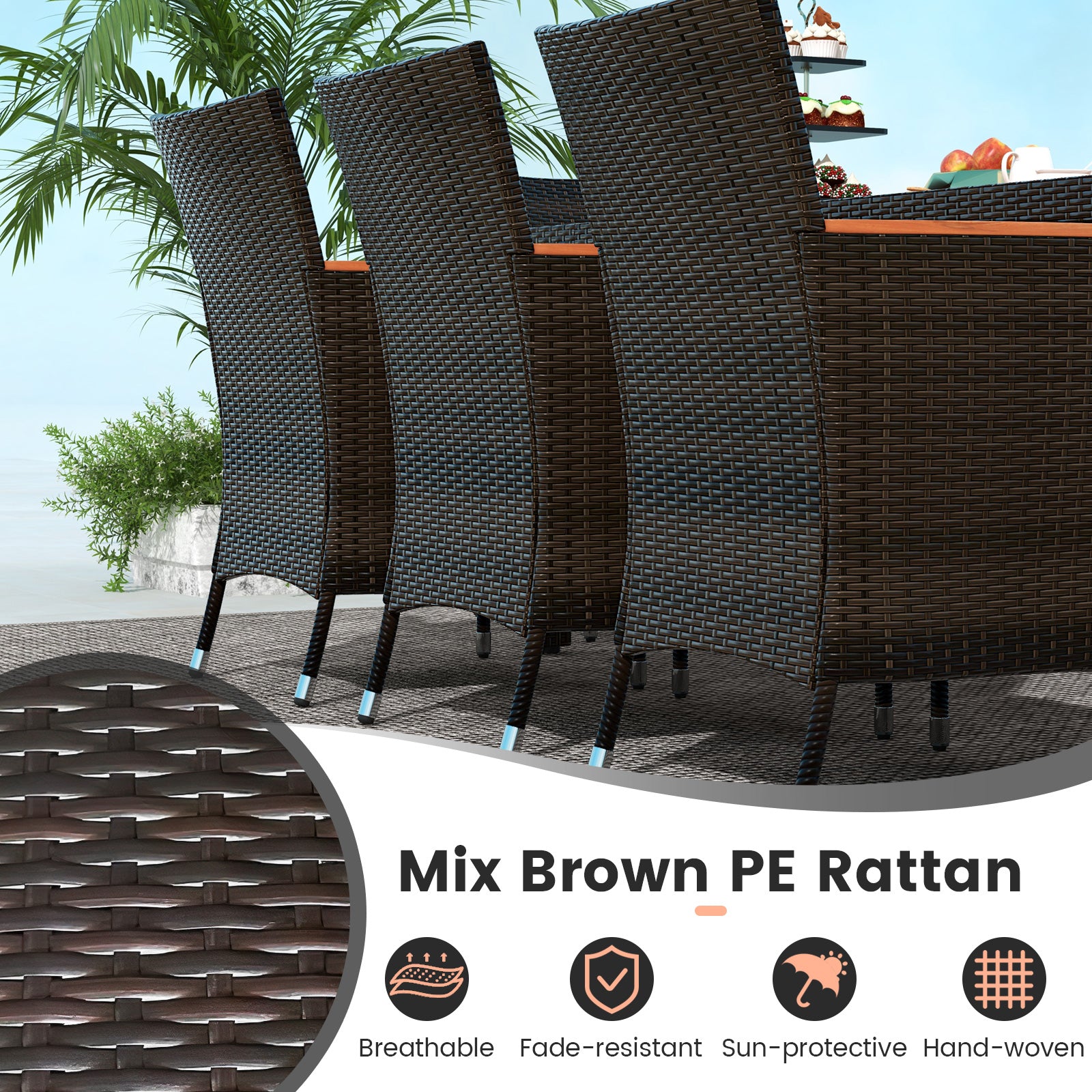 11 Pieces Patio Dining Set 15ft Double-Sided Patio Umbrella (Base Included) and Outdoor Rattan Furniture Set with 8 Stackable Chairs