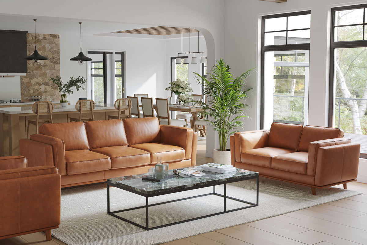 Artisan Living Room Couch with Brown Leather Upholstery