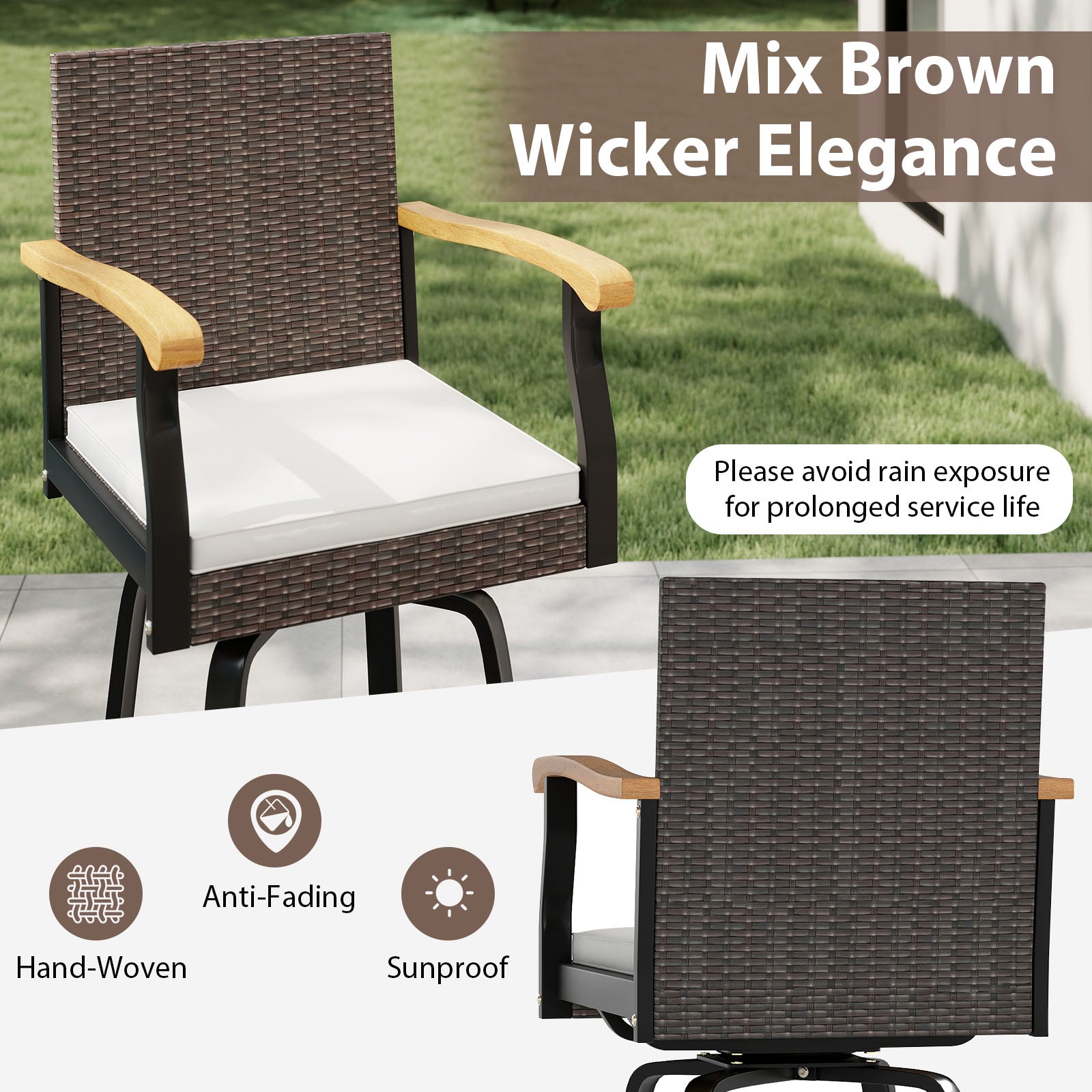 Set of 4 Outdoor 360° Swivel Bar Stool with Cushion and Acacia Wood Armrests