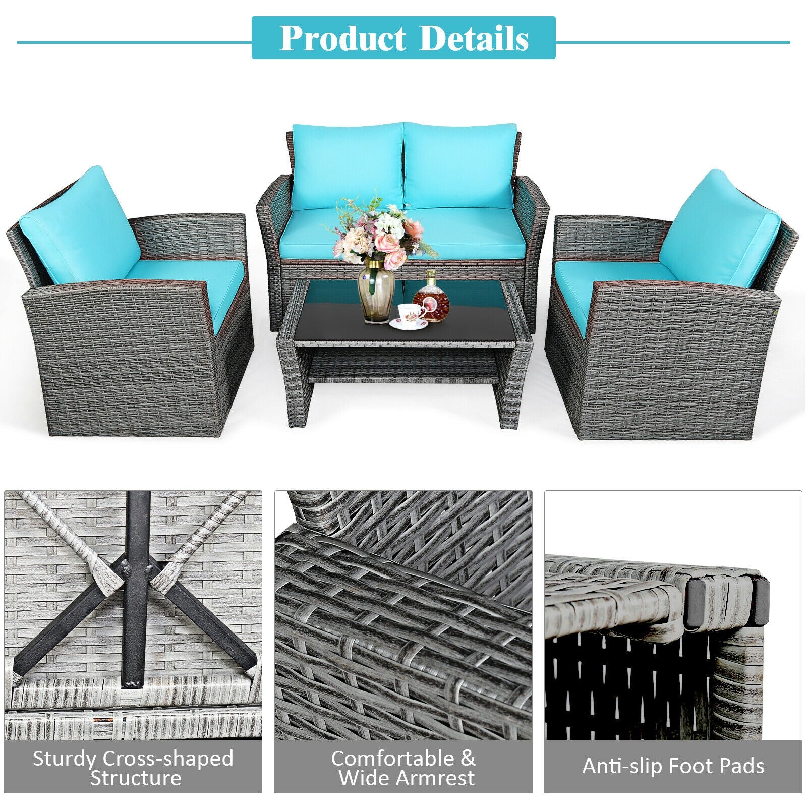 4 Pieces Patio Rattan Furniture Set Sofa Table with Storage Shelf Cushion