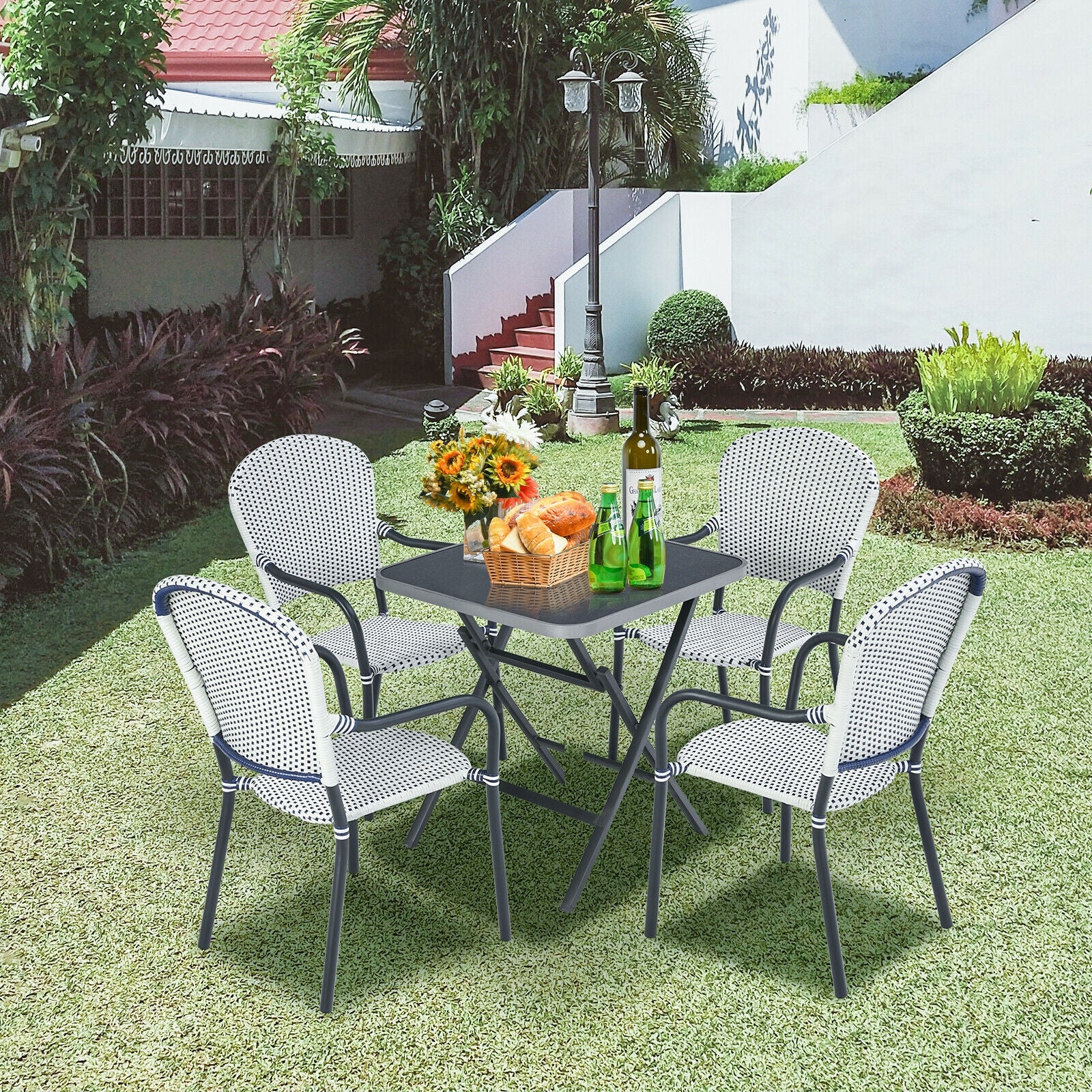 Set of 4 Patio Rattan Stackable Dining Chair with Armrest for Garden