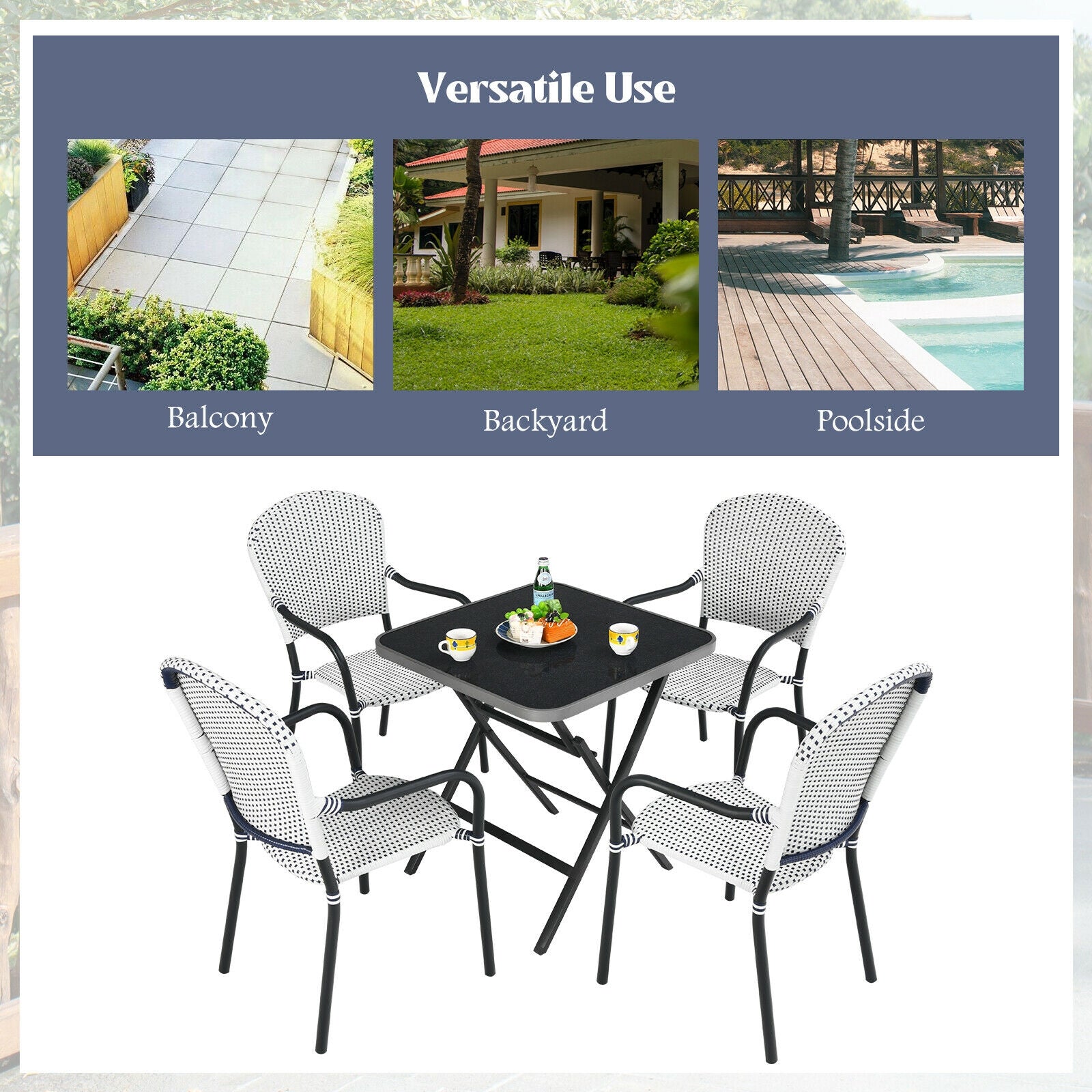 Set of 4 Patio Rattan Stackable Dining Chair with Armrest for Garden