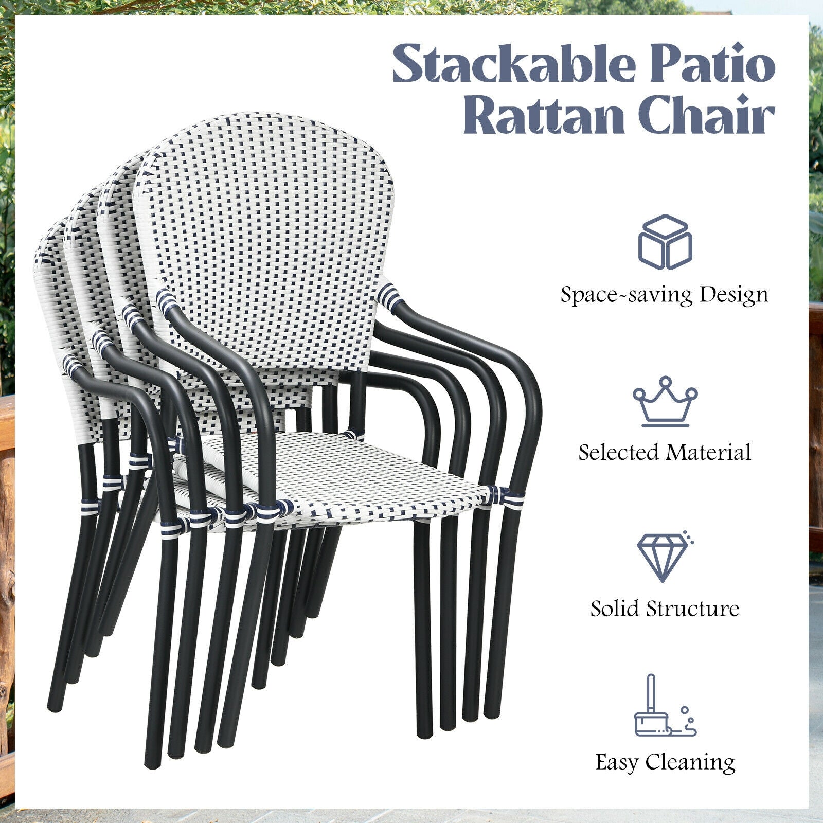 Set of 4 Patio Rattan Stackable Dining Chair with Armrest for Garden