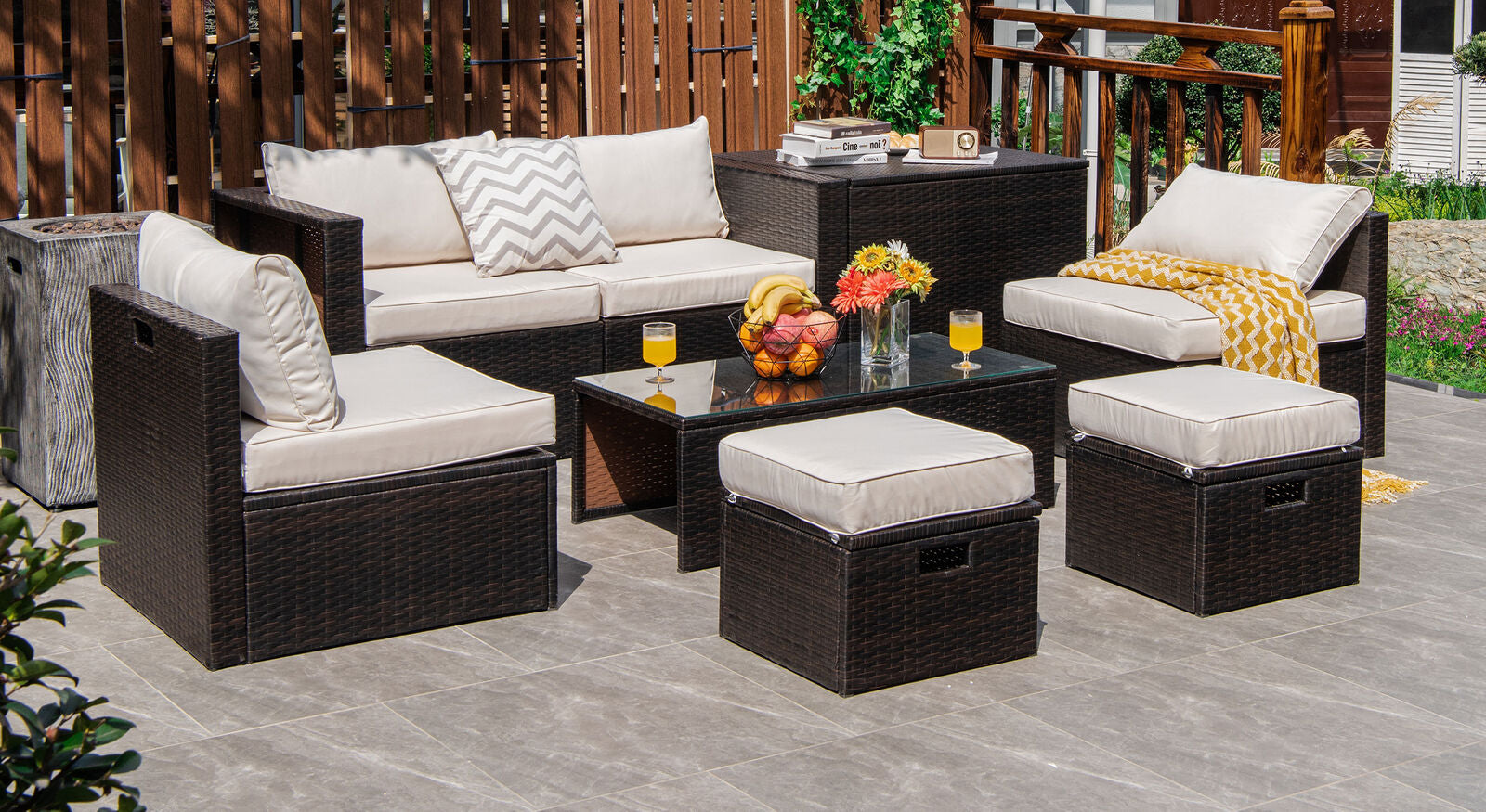8 Pieces Patio Space-Saving Rattan Furniture Set with Storage Box and Waterproof Cover