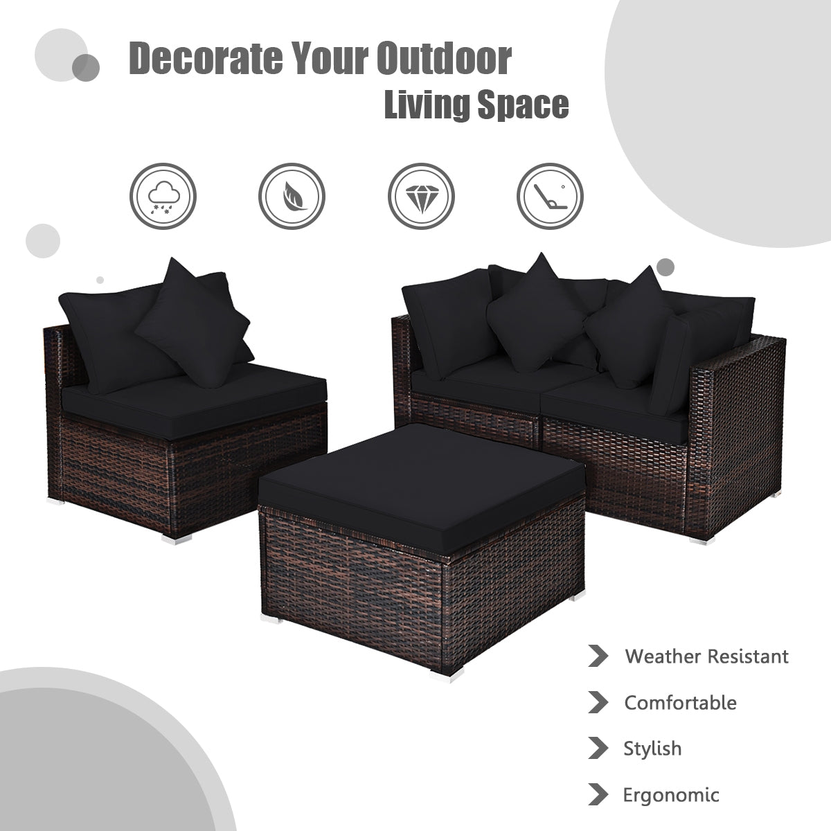 4 Pieces Ottoman Garden Patio Rattan Wicker Furniture Set with Cushion