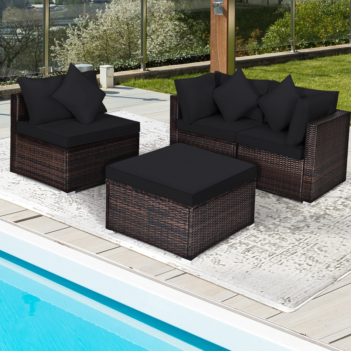 4 Pieces Ottoman Garden Patio Rattan Wicker Furniture Set with Cushion