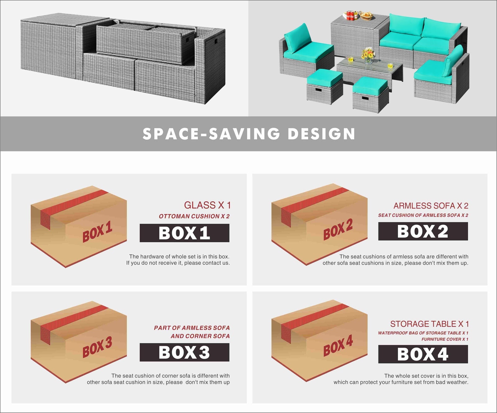 8 Pieces Patio Rattan Furniture Set with Storage Waterproof Cover and Cushion