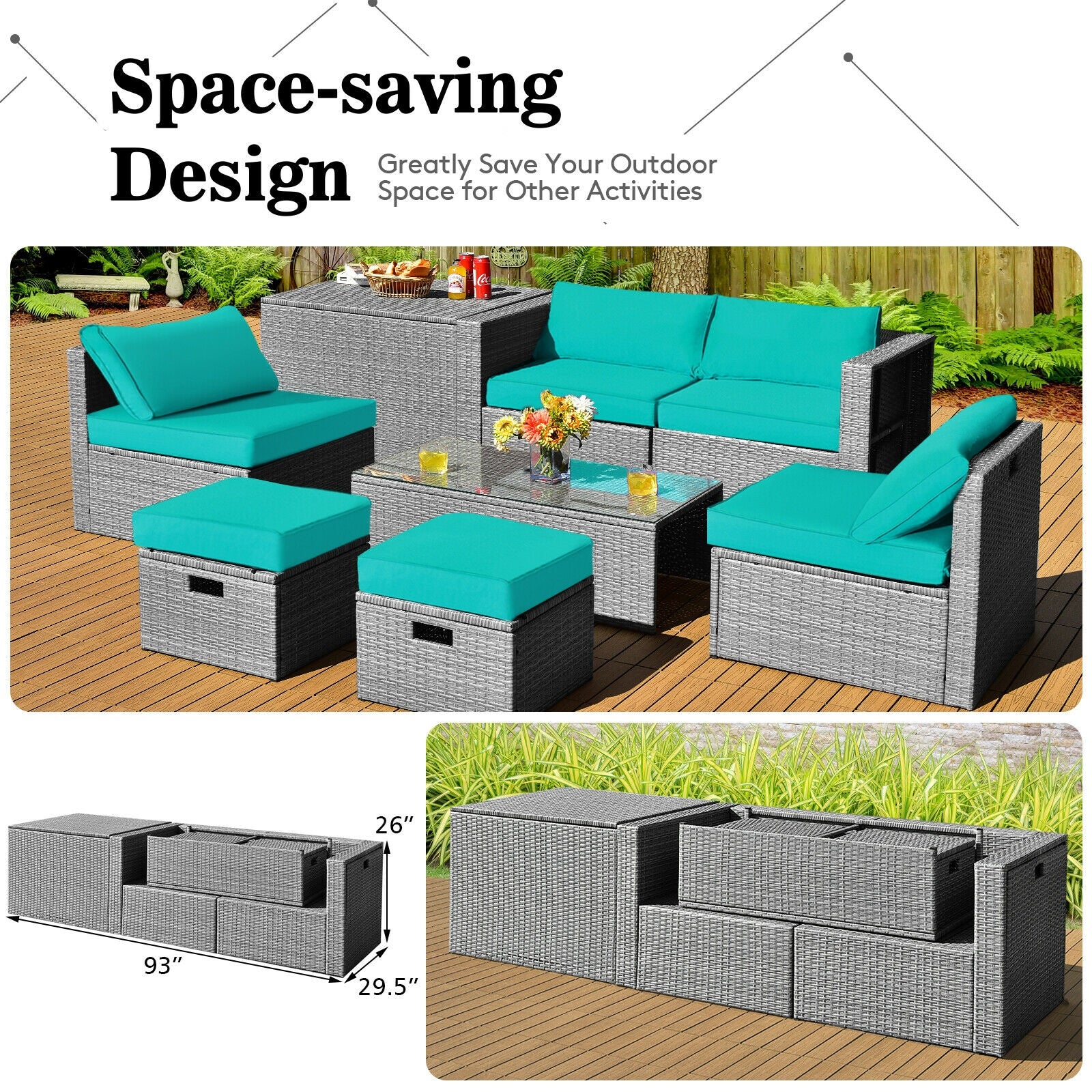 8 Pieces Patio Rattan Furniture Set with Storage Waterproof Cover and Cushion