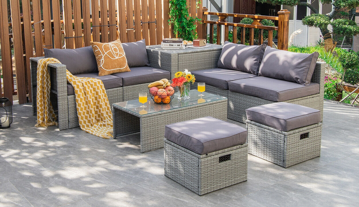 8 Pieces Patio Rattan Furniture Set with Storage Waterproof Cover and Cushion
