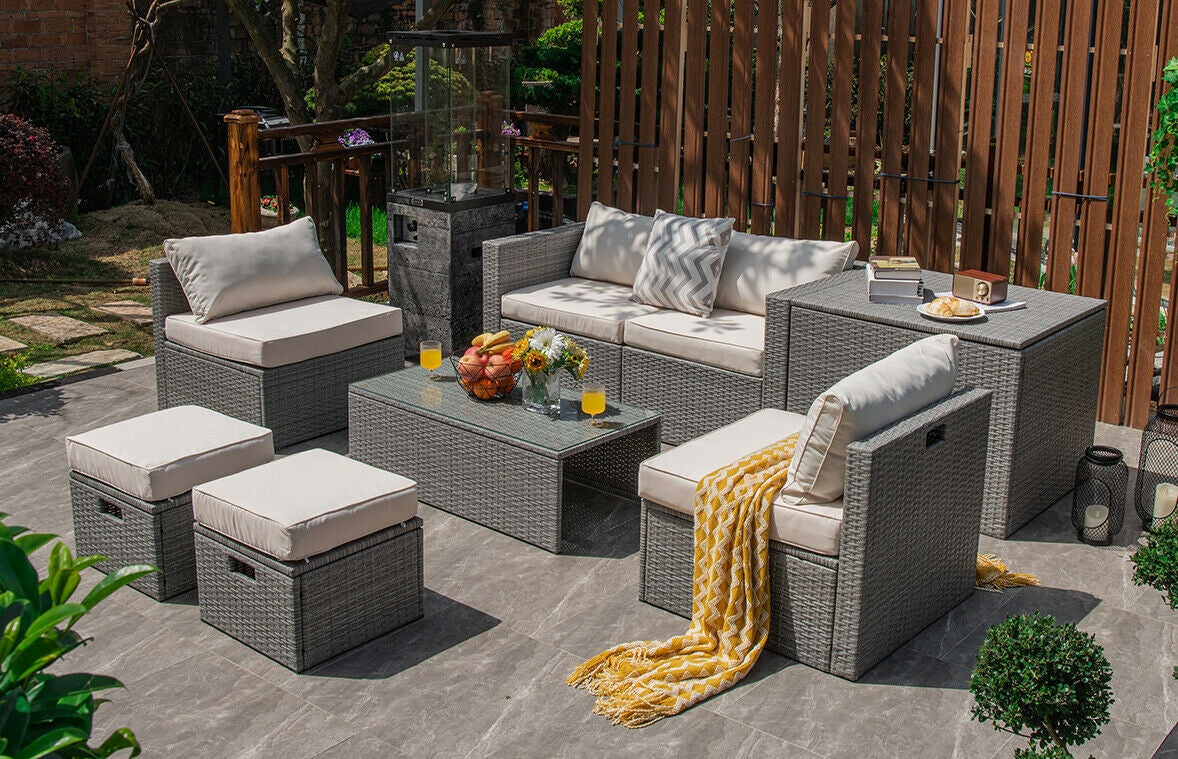 8 Pieces Patio Rattan Furniture Set with Storage Waterproof Cover and Cushion