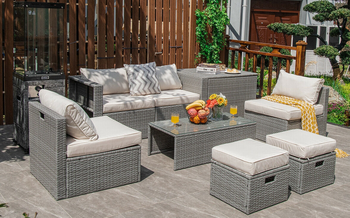 8 Pieces Patio Rattan Furniture Set with Storage Waterproof Cover and Cushion