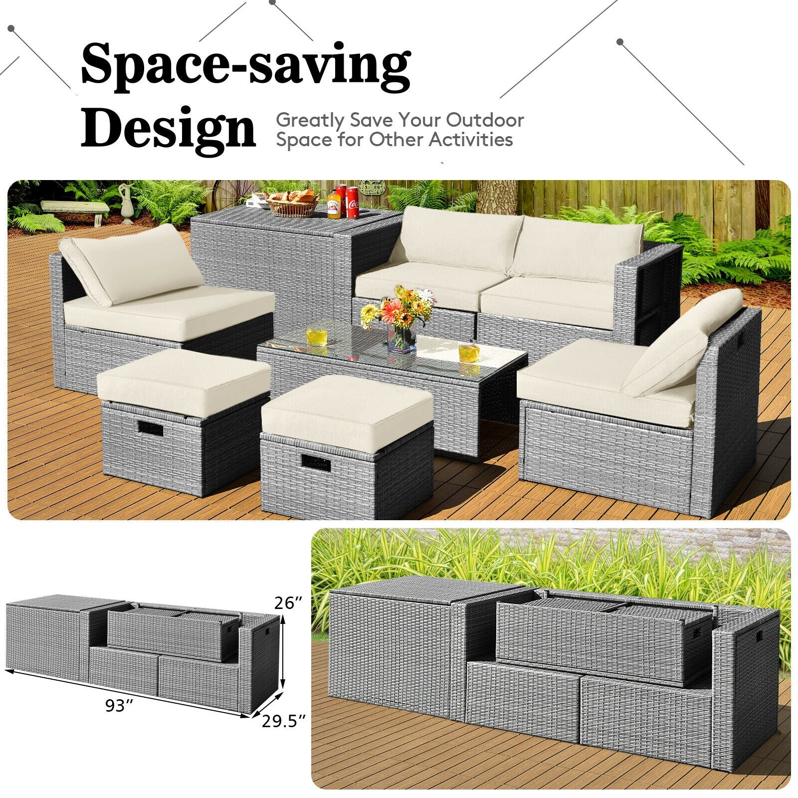 8 Pieces Patio Rattan Furniture Set with Storage Waterproof Cover and Cushion