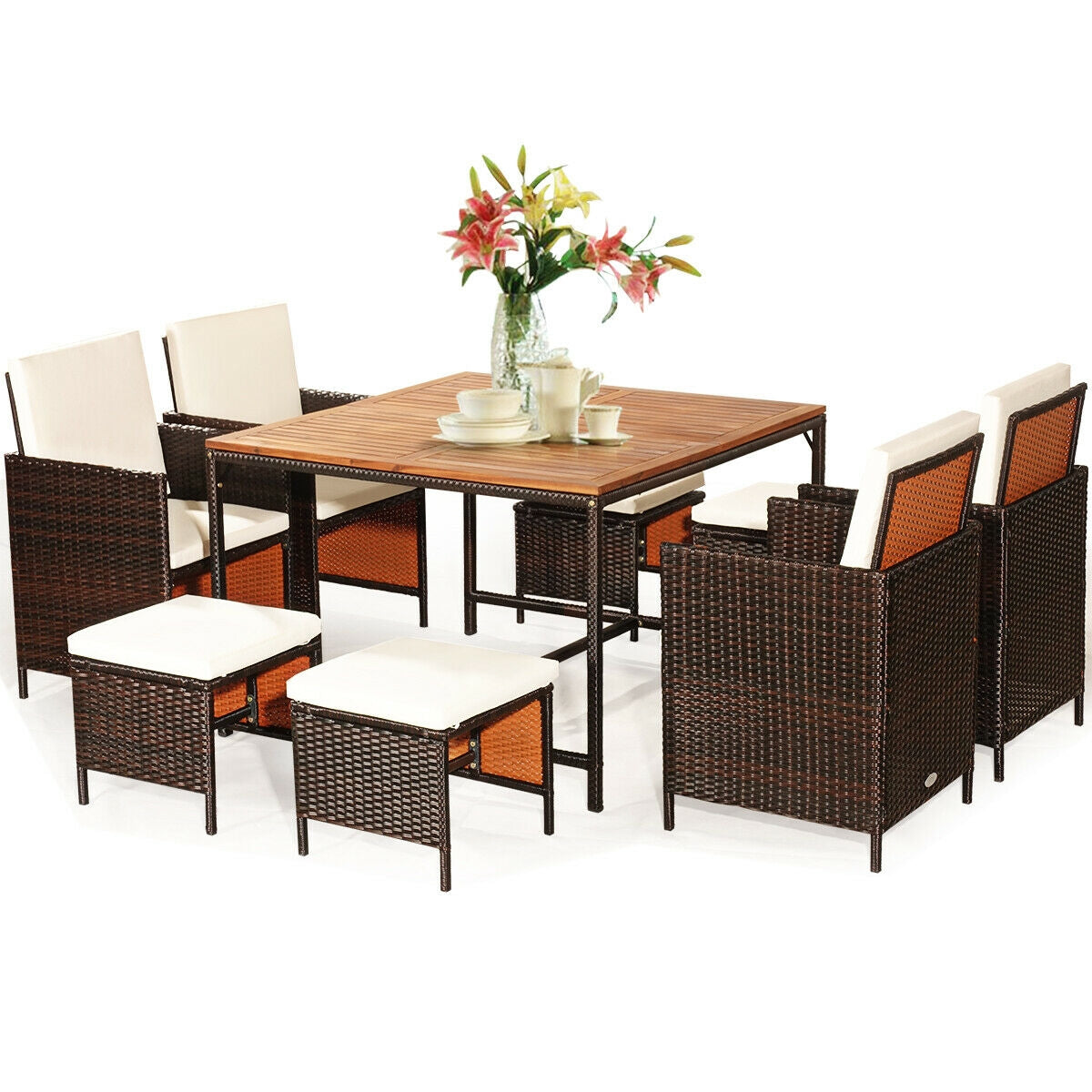 9PCS Patio Rattan Dining Cushioned Chairs Set