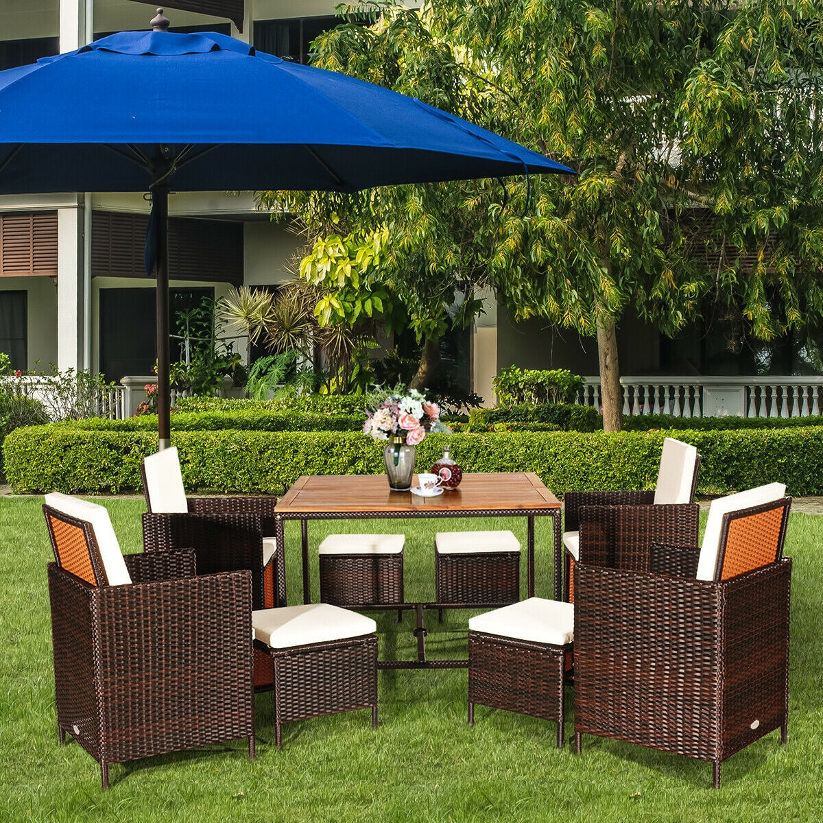 9PCS Patio Rattan Dining Cushioned Chairs Set