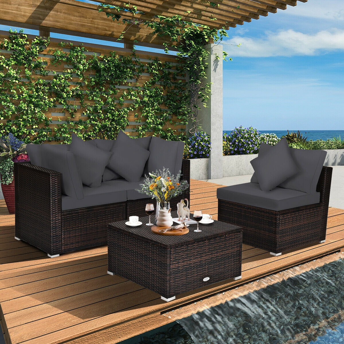 4 Pieces Ottoman Garden Patio Rattan Wicker Furniture Set with Cushion