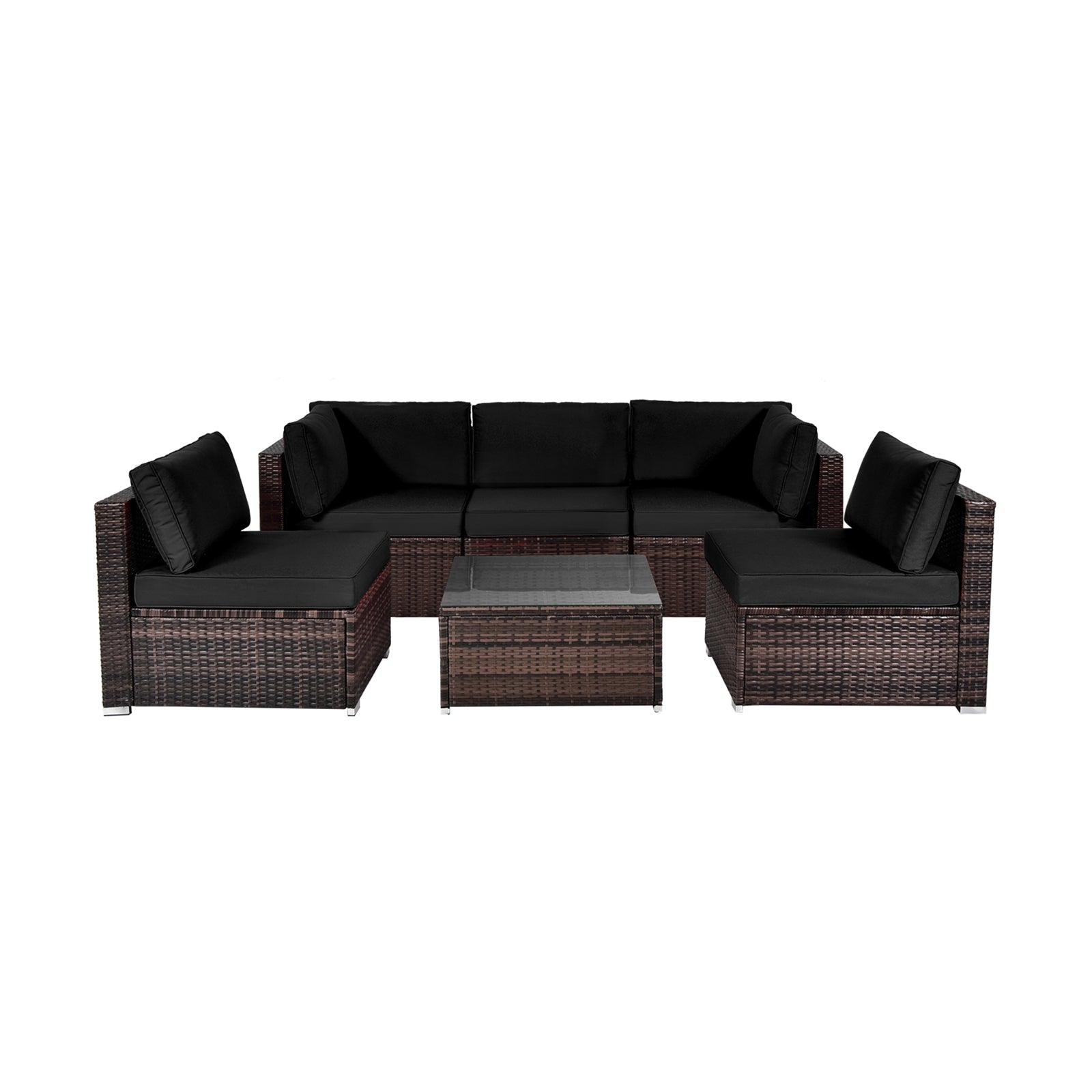 6 Pieces Patio Rattan Furniture Set with Cushions and Glass Coffee Table