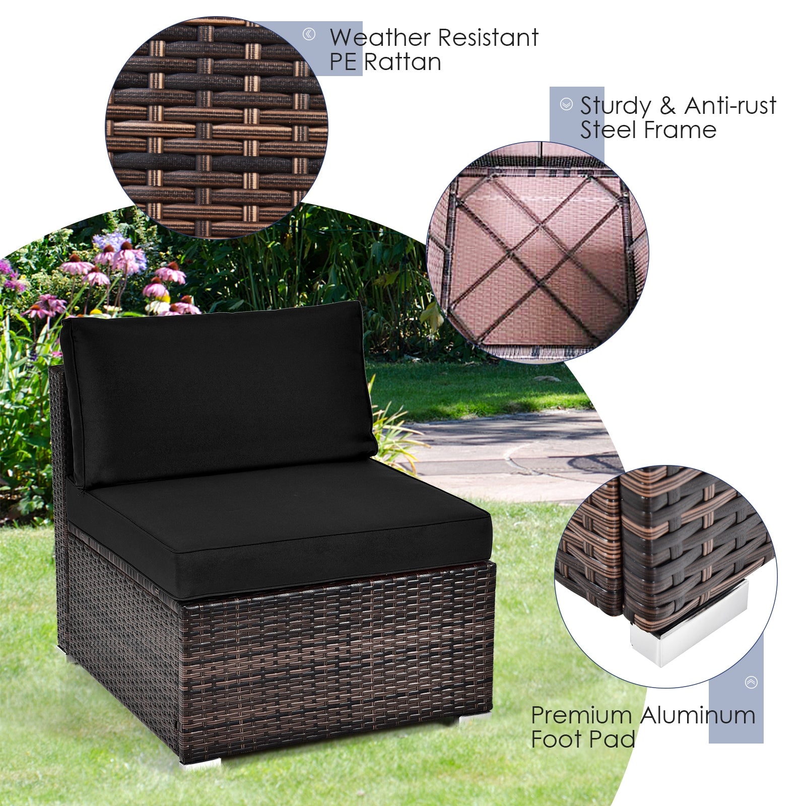 6 Pieces Patio Rattan Furniture Set with Cushions and Glass Coffee Table
