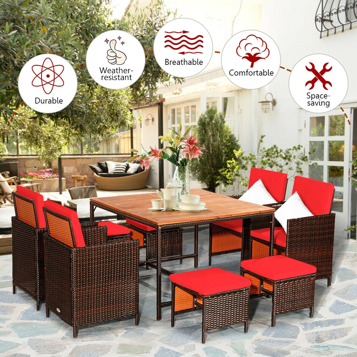 9PCS Patio Rattan Dining Cushioned Chairs Set