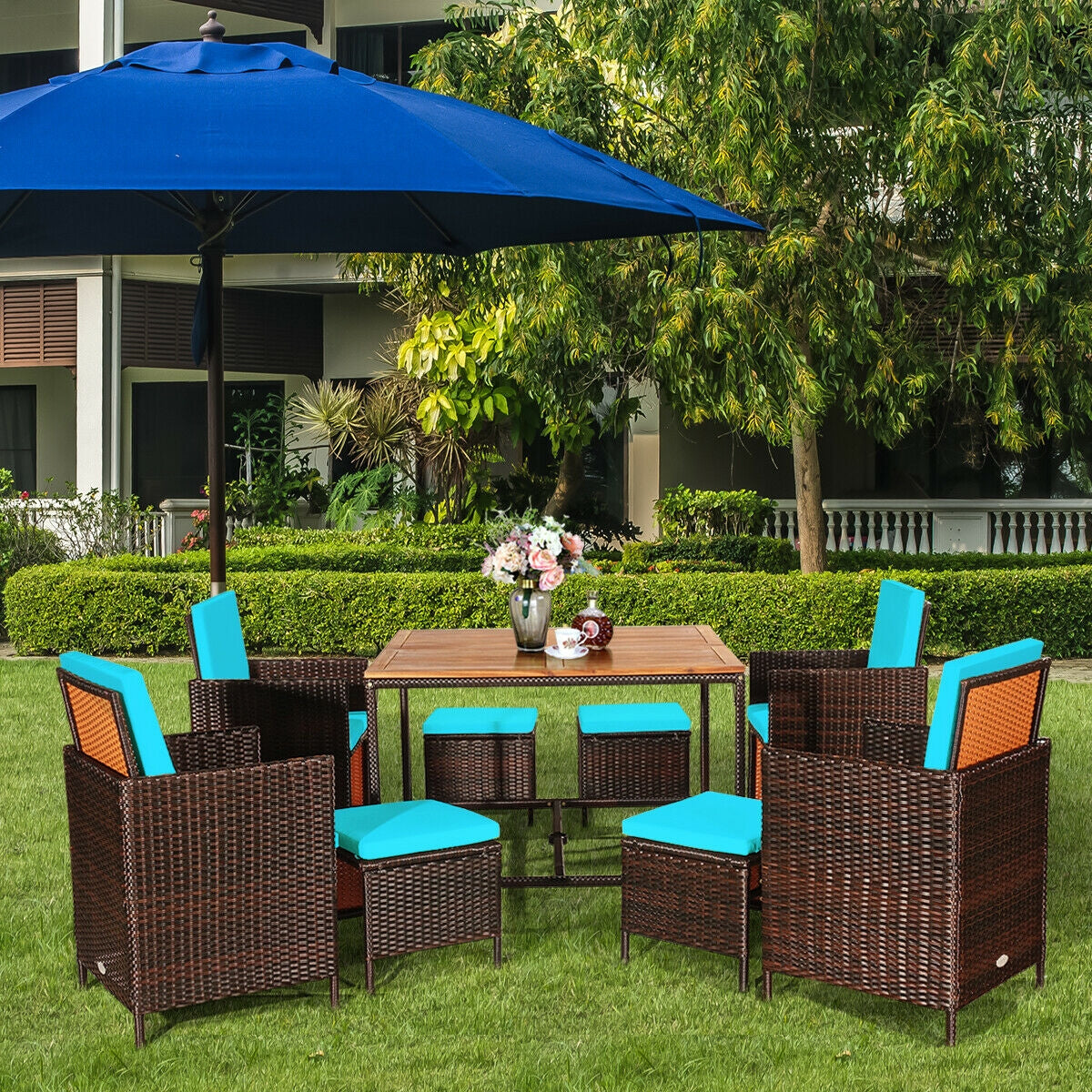 9PCS Patio Rattan Dining Cushioned Chairs Set