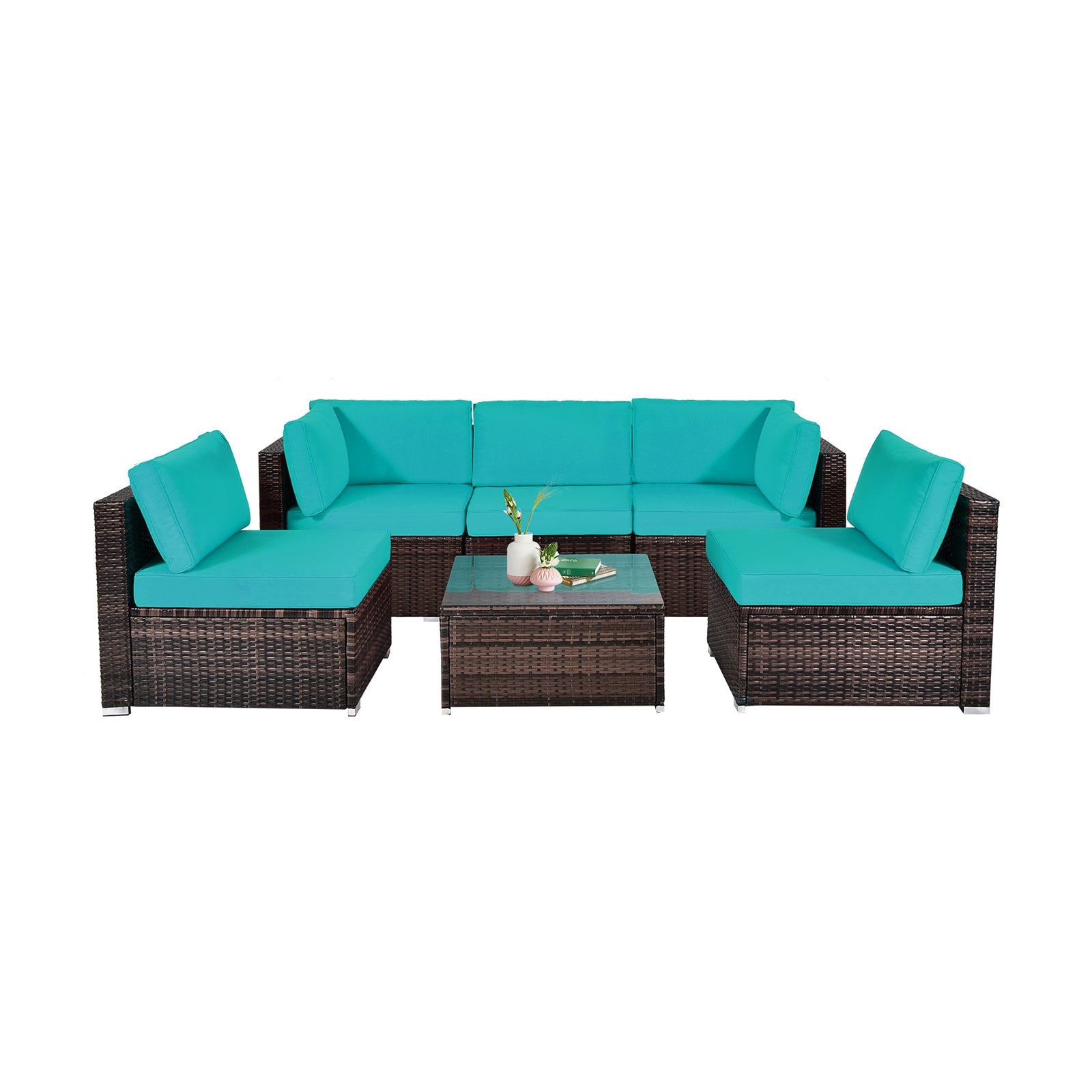 6 Pieces Patio Rattan Furniture Set with Cushions and Glass Coffee Table