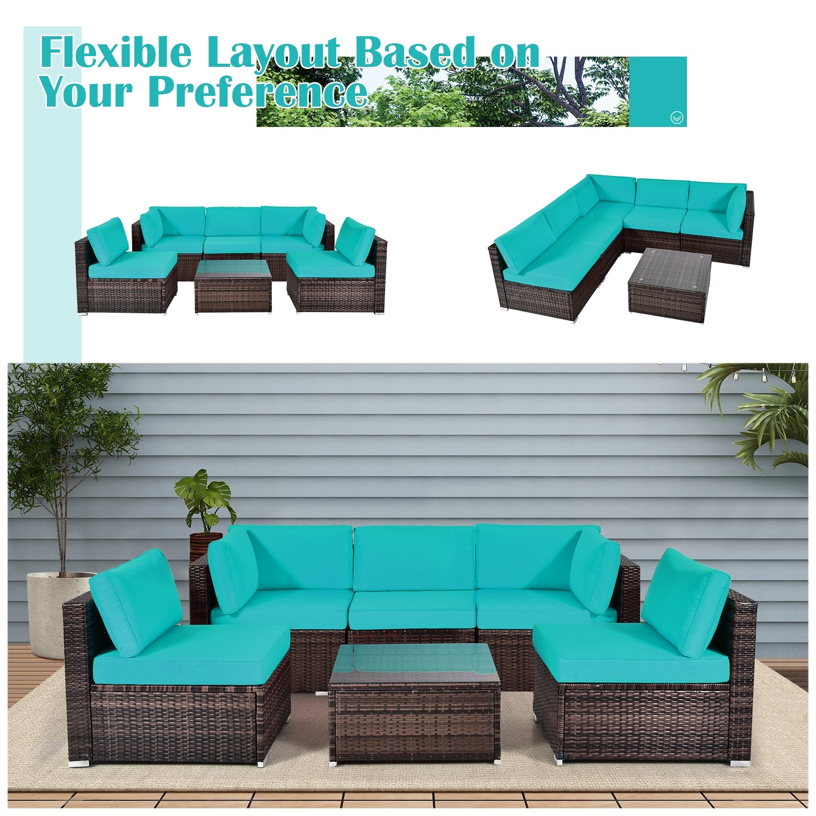 6 Pieces Patio Rattan Furniture Set with Cushions and Glass Coffee Table