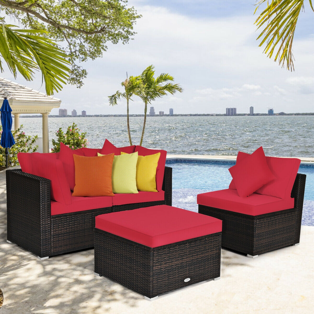 4 Pieces Ottoman Garden Patio Rattan Wicker Furniture Set with Cushion