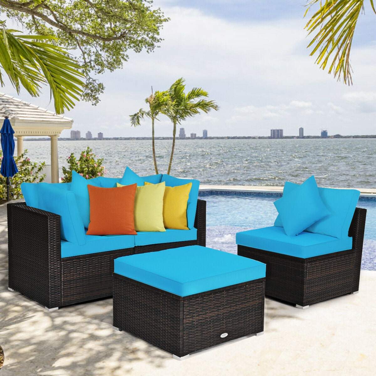 4 Pieces Ottoman Garden Patio Rattan Wicker Furniture Set with Cushion