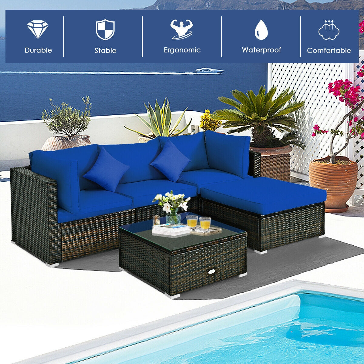 5 Pcs Outdoor Patio Rattan Furniture Set Sectional Conversation with Cushions