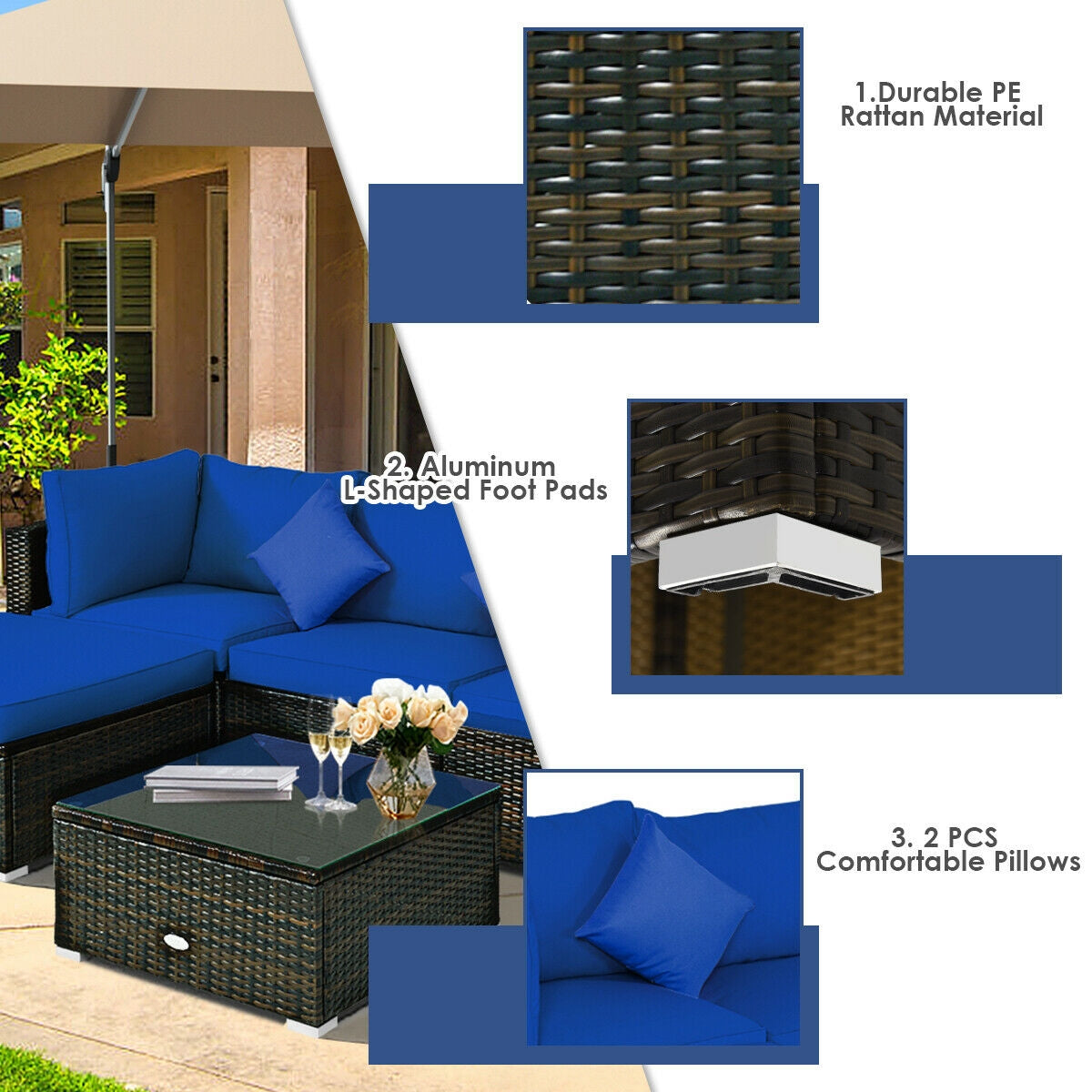 5 Pcs Outdoor Patio Rattan Furniture Set Sectional Conversation with Cushions