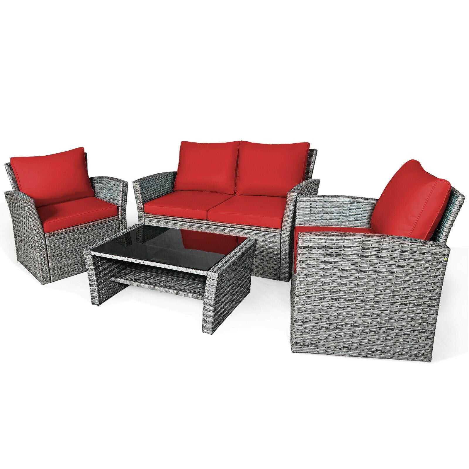 4 Pieces Patio Rattan Furniture Set Sofa Table with Storage Shelf Cushion