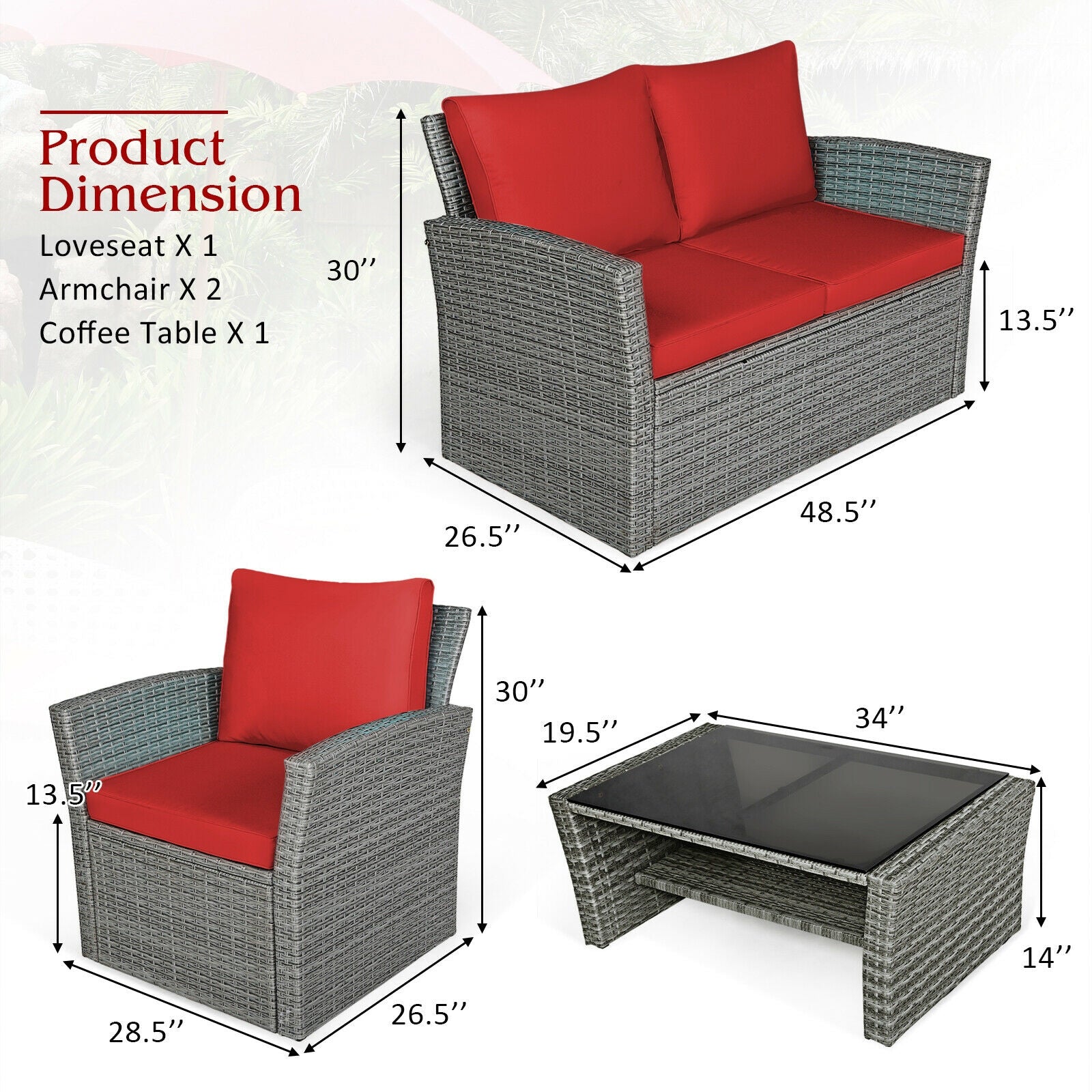 4 Pieces Patio Rattan Furniture Set Sofa Table with Storage Shelf Cushion