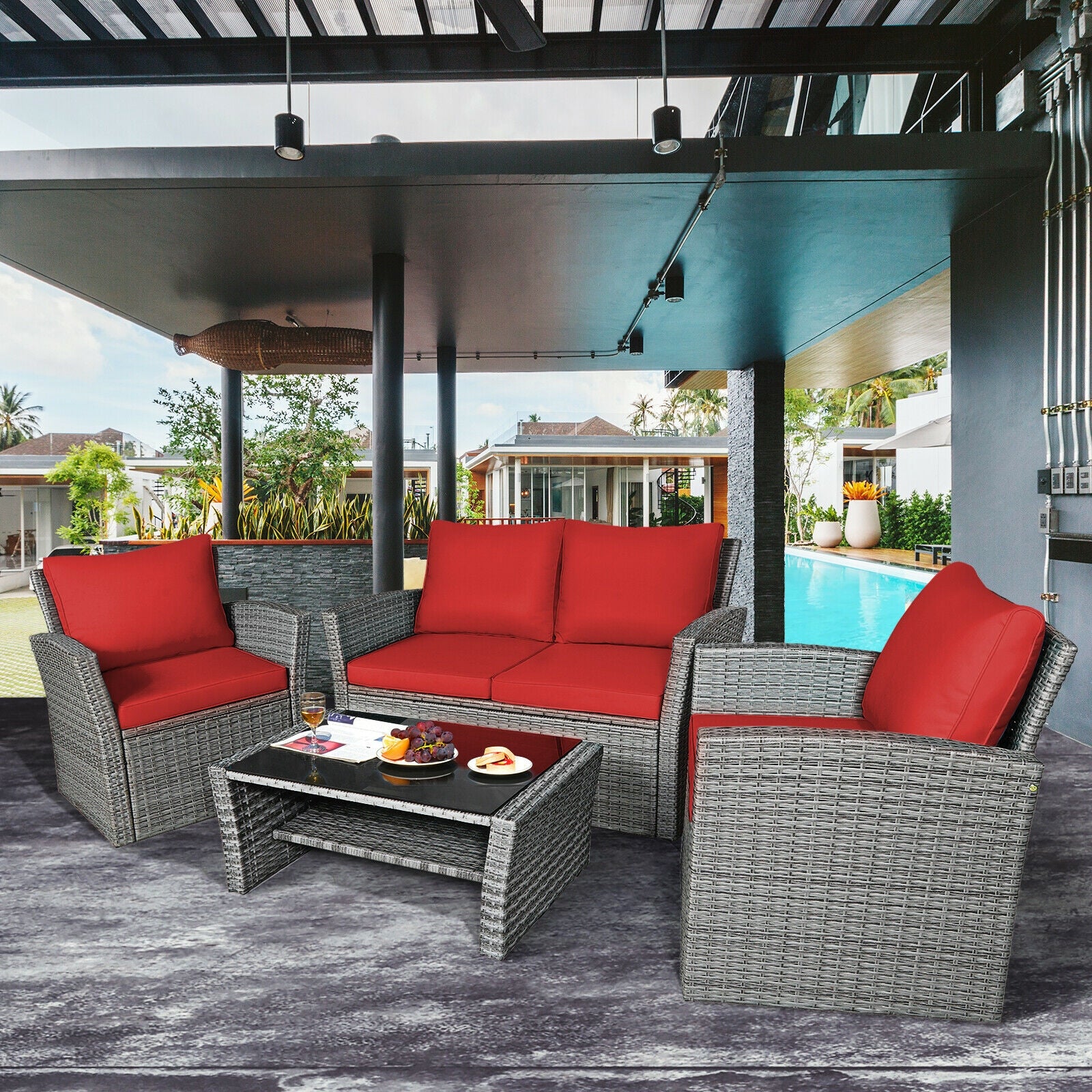 4 Pieces Patio Rattan Furniture Set Sofa Table with Storage Shelf Cushion
