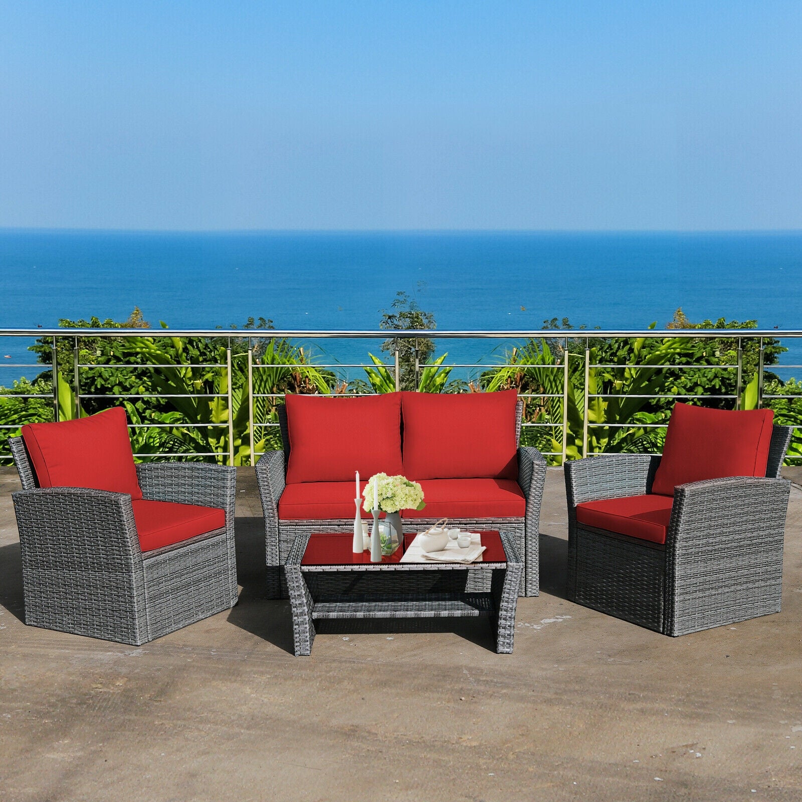 4 Pieces Patio Rattan Furniture Set Sofa Table with Storage Shelf Cushion
