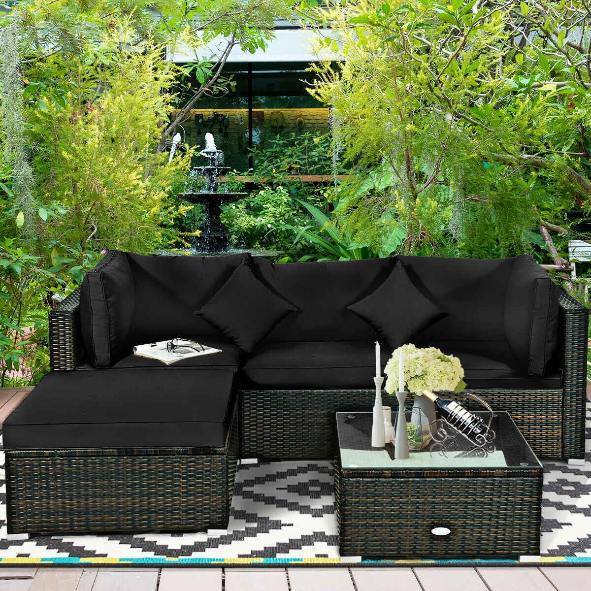 5 Pcs Outdoor Patio Rattan Furniture Set Sectional Conversation with Cushions
