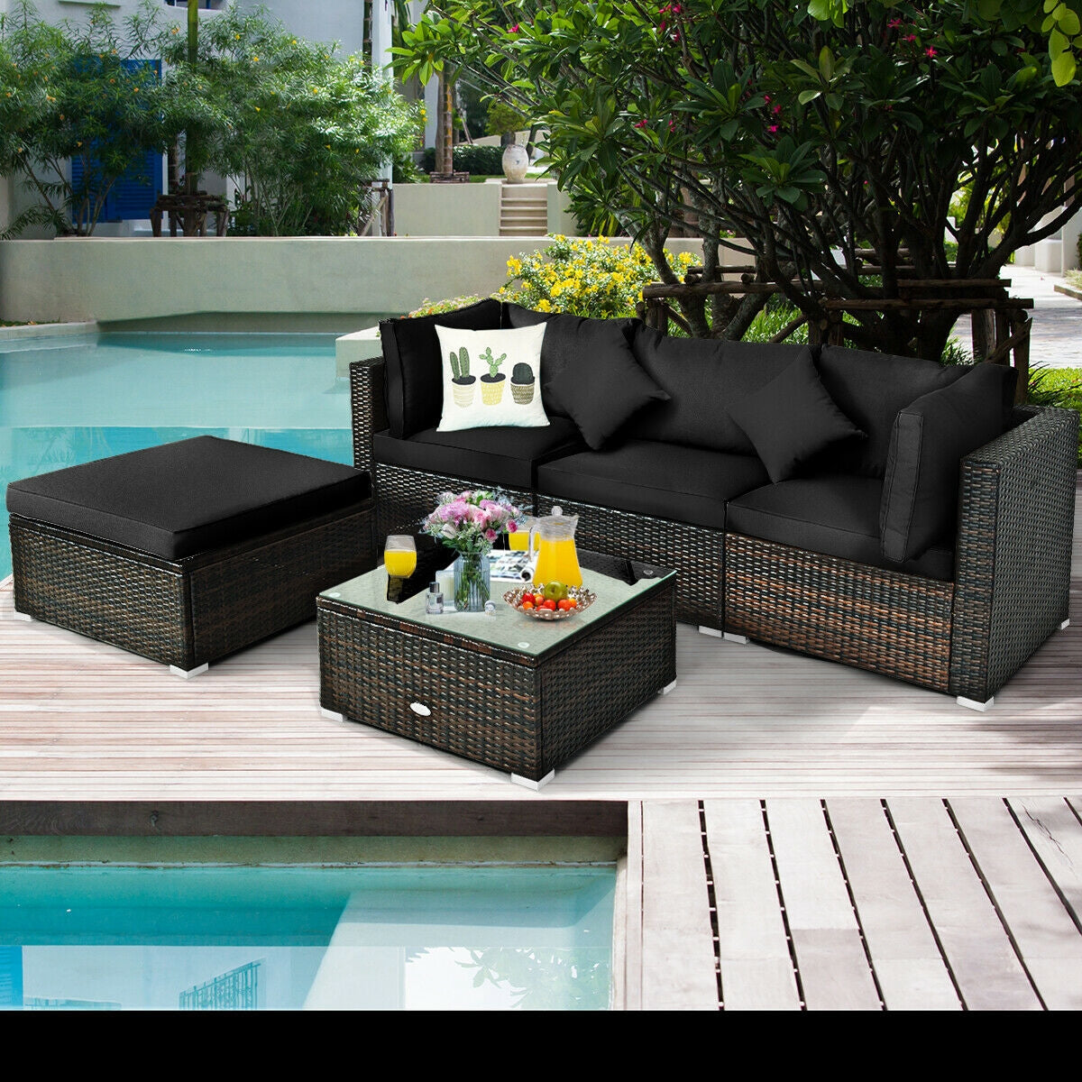 5 Pcs Outdoor Patio Rattan Furniture Set Sectional Conversation with Cushions