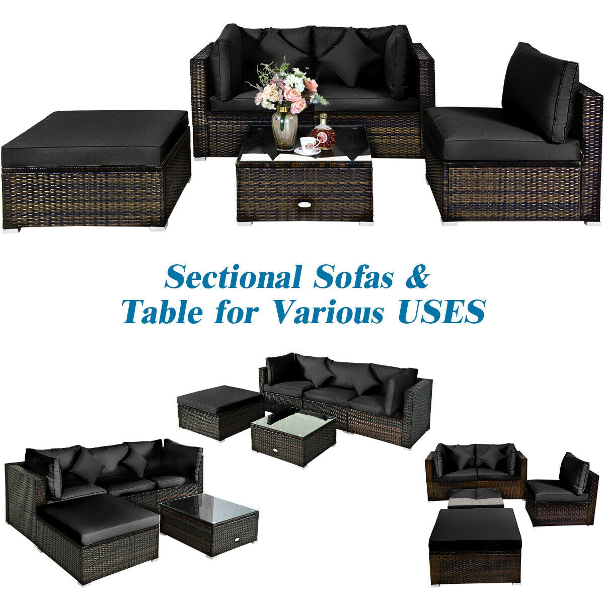 5 Pcs Outdoor Patio Rattan Furniture Set Sectional Conversation with Cushions