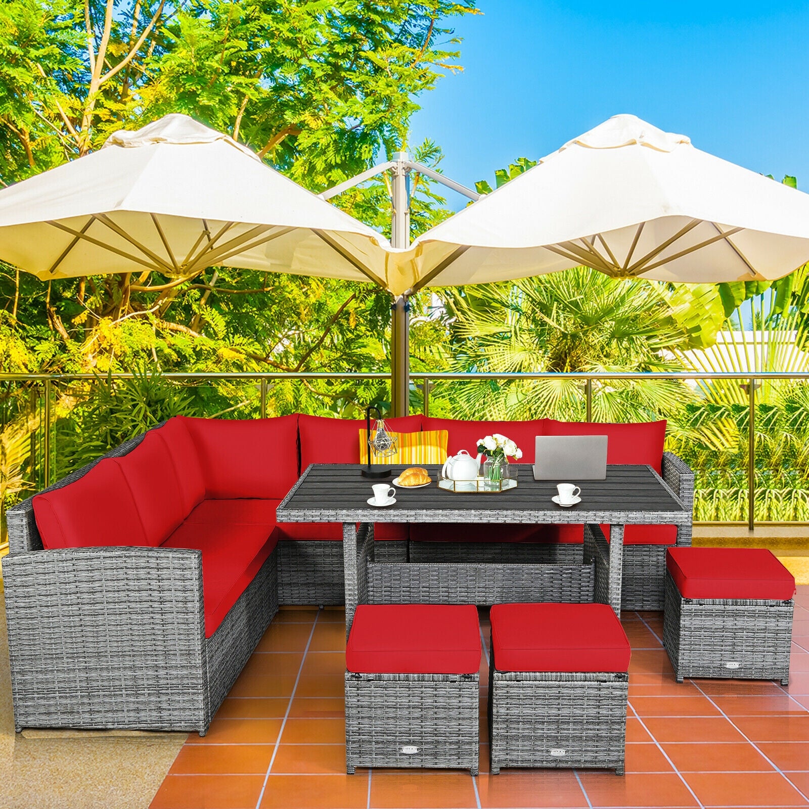 7 Pieces Patio Rattan Dining Furniture Sectional Sofa Set with Wicker Ottoman