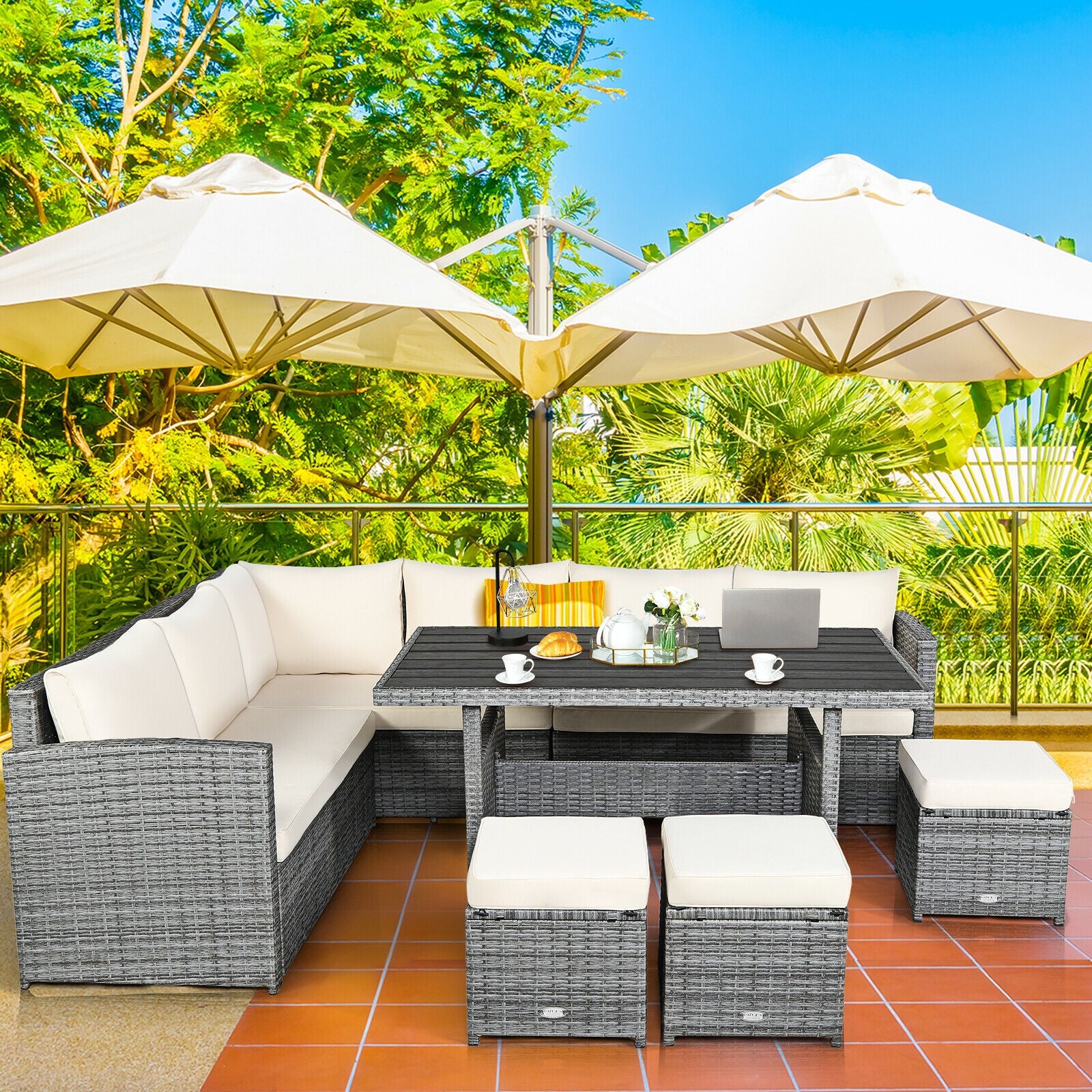 7 Pieces Patio Rattan Dining Furniture Sectional Sofa Set with Wicker Ottoman