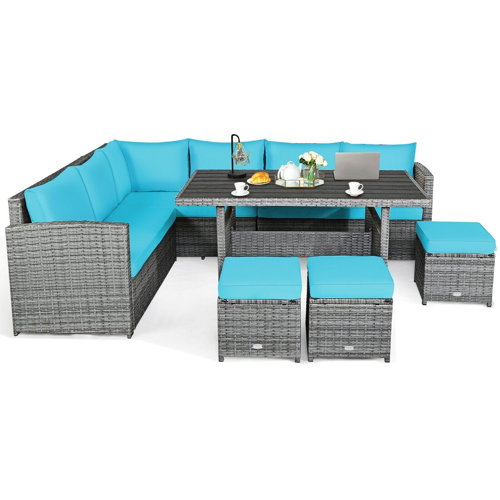 7 Pieces Patio Rattan Dining Furniture Sectional Sofa Set with Wicker Ottoman