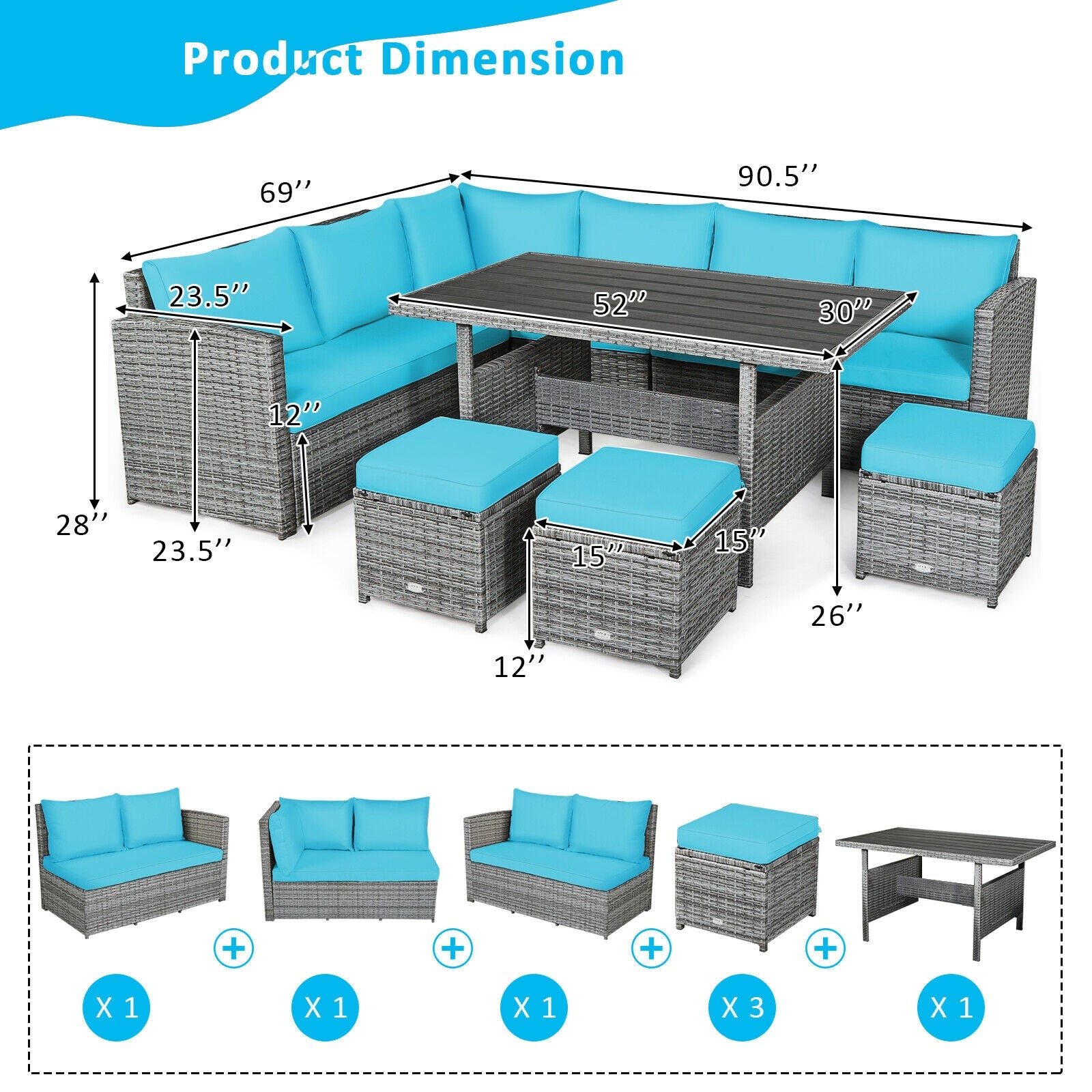 7 Pieces Patio Rattan Dining Furniture Sectional Sofa Set with Wicker Ottoman